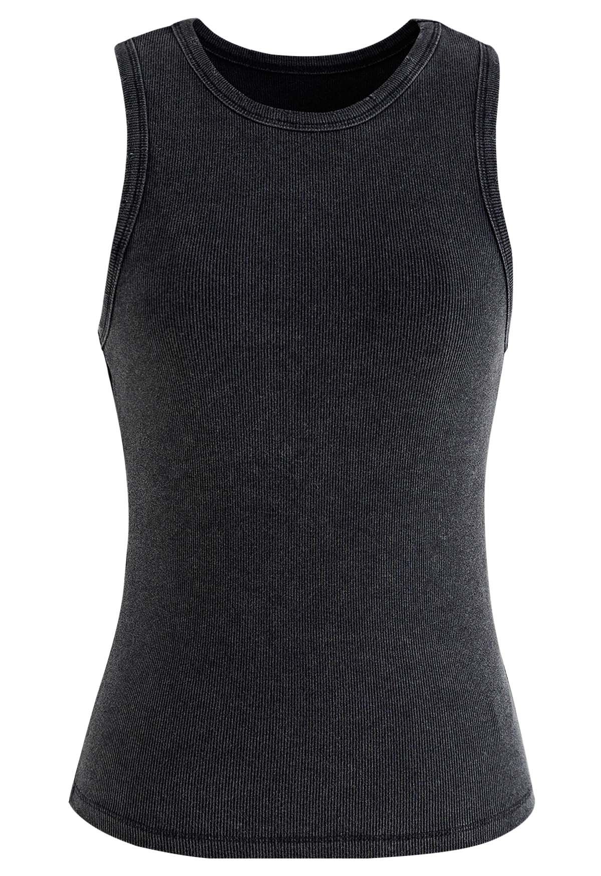 Washed Frayed Edge Ribbed Tank Top in Black