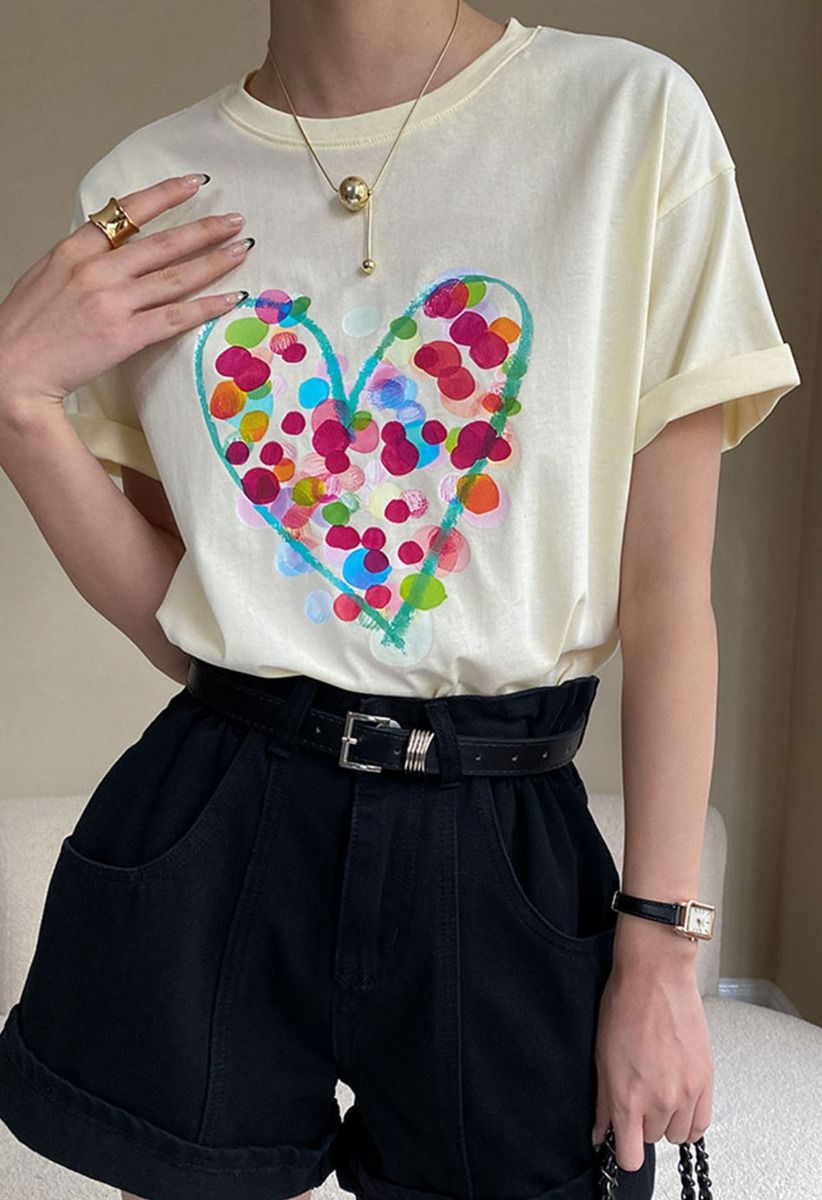 Doodle Heart Printed T-Shirt in Light Yellow