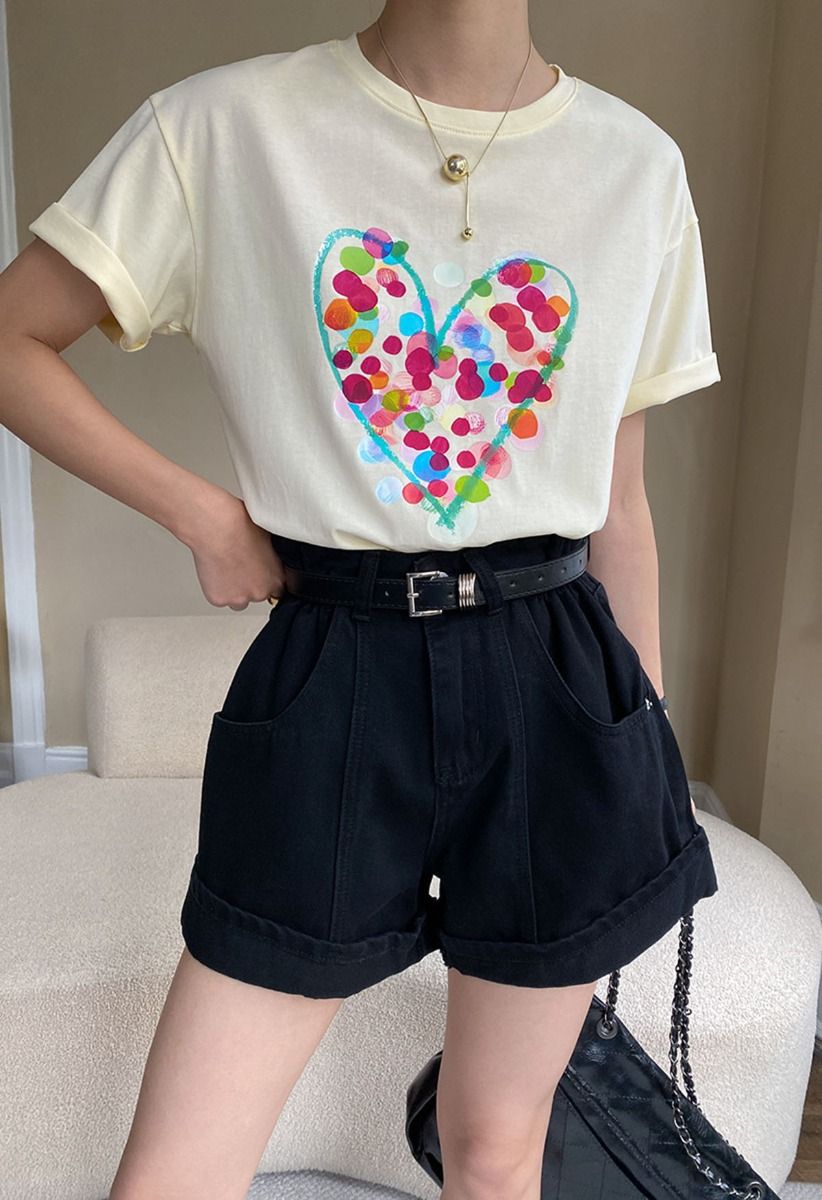 Doodle Heart Printed T-Shirt in Light Yellow