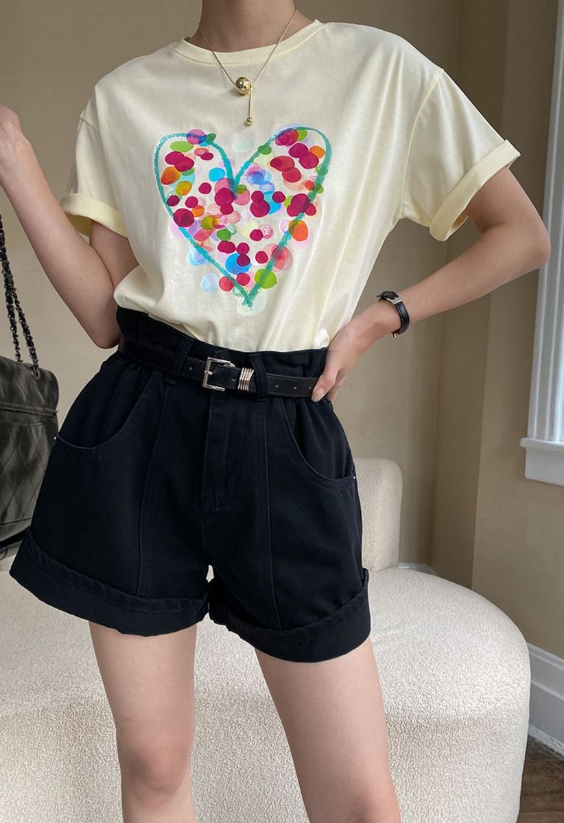 Doodle Heart Printed T-Shirt in Light Yellow