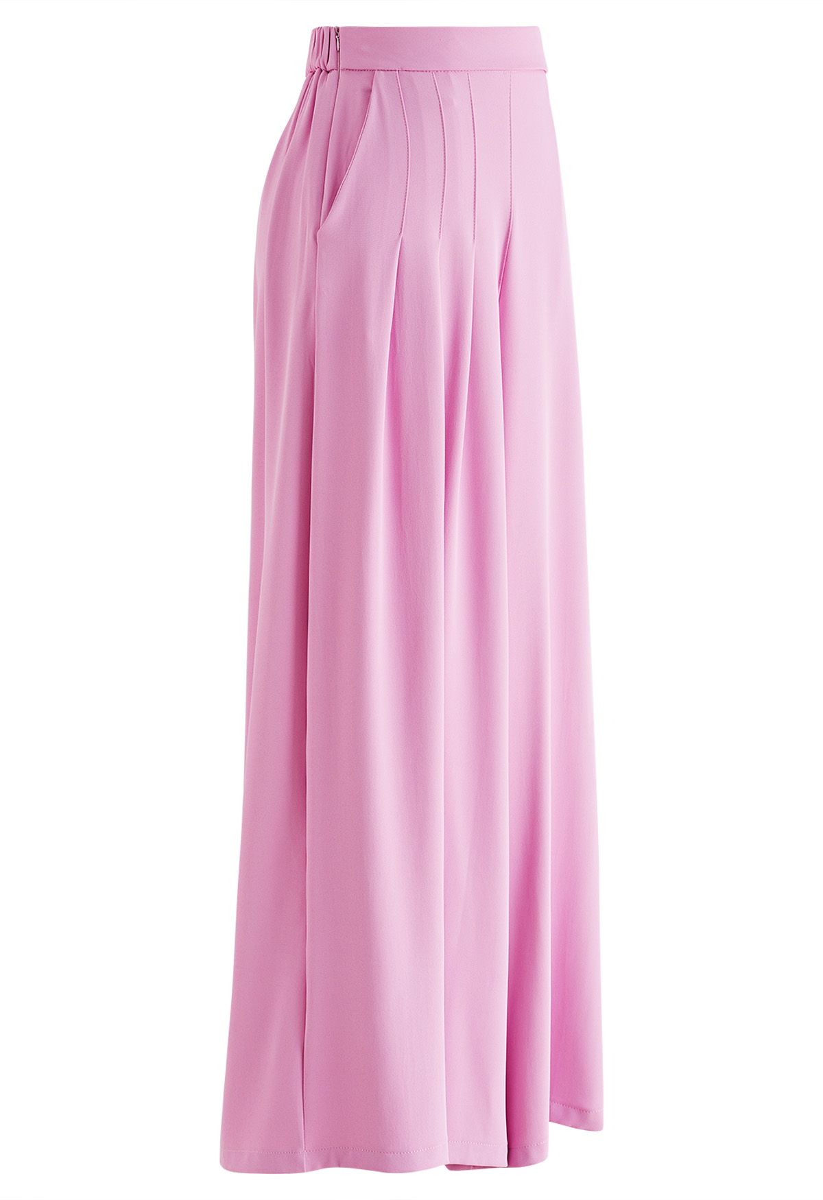 Asymmetric Pleated Chiffon Pull-On Wide-Leg Pants in Hot Pink