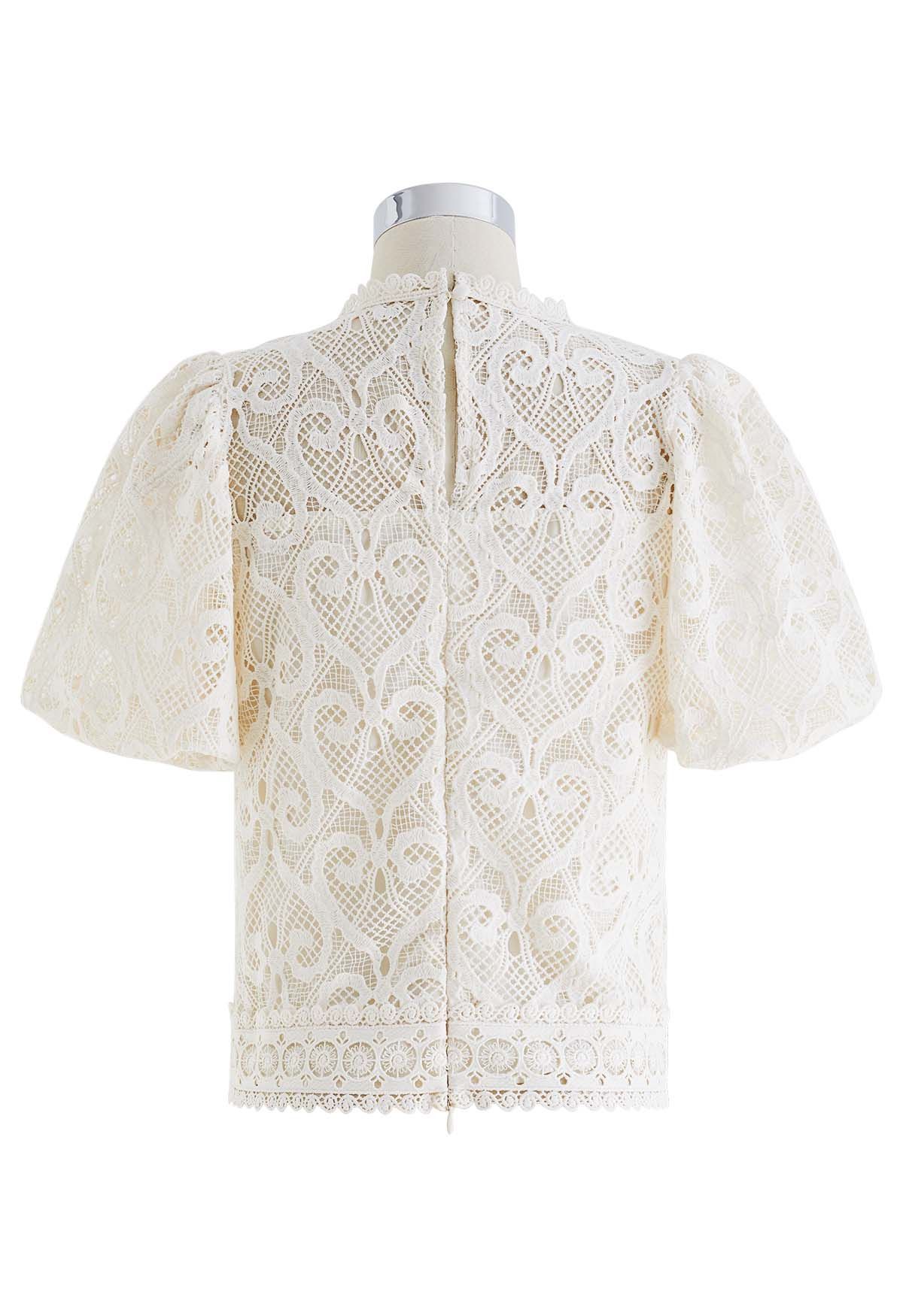 Heart Pattern Cutwork Lace Top in Cream