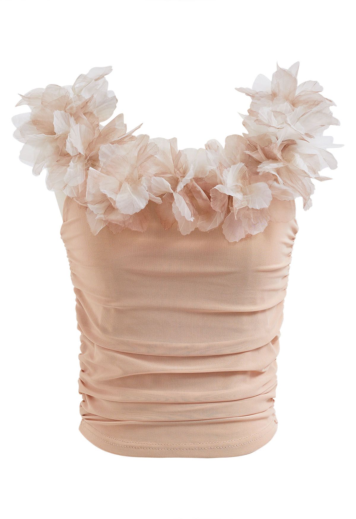 3D Petal Ruched Soft Mesh Cami Top in Light Tan