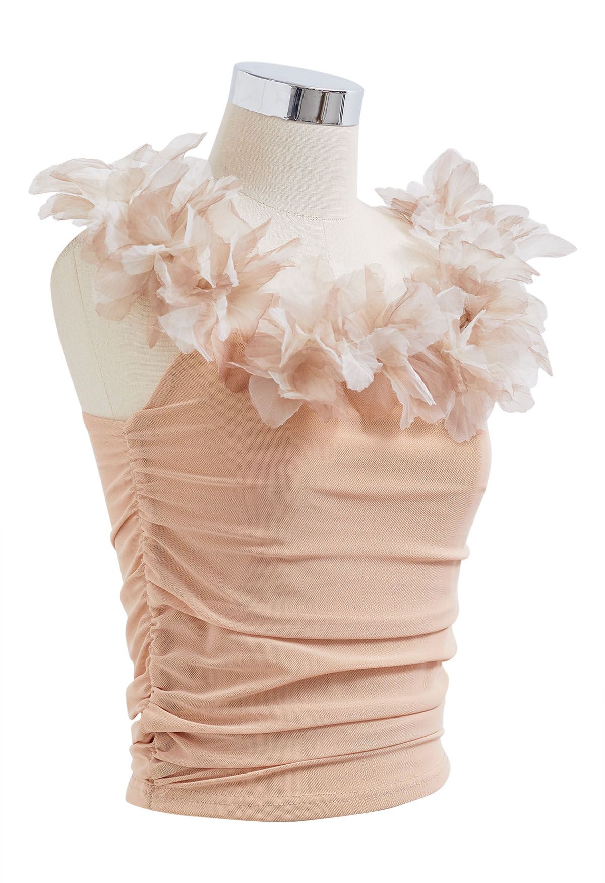 3D Petal Ruched Soft Mesh Cami Top in Light Tan