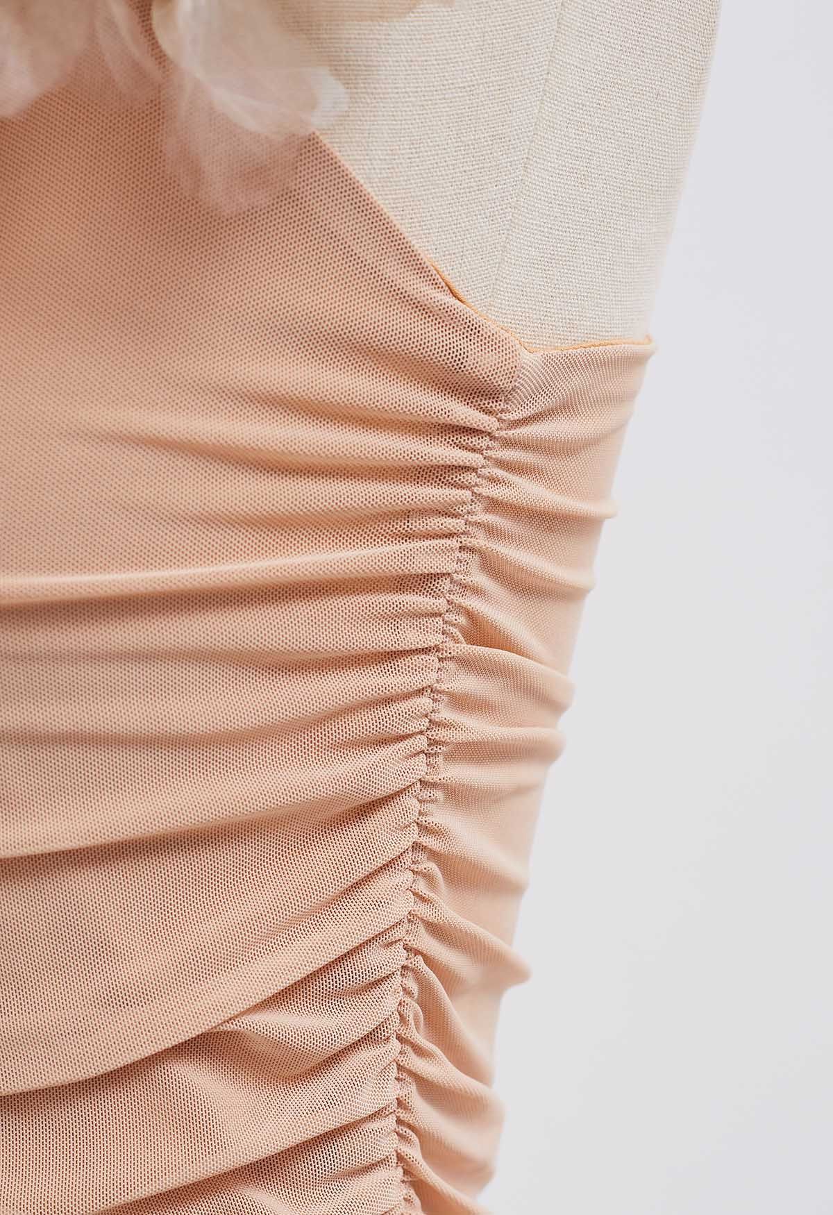 3D Petal Ruched Soft Mesh Cami Top in Light Tan