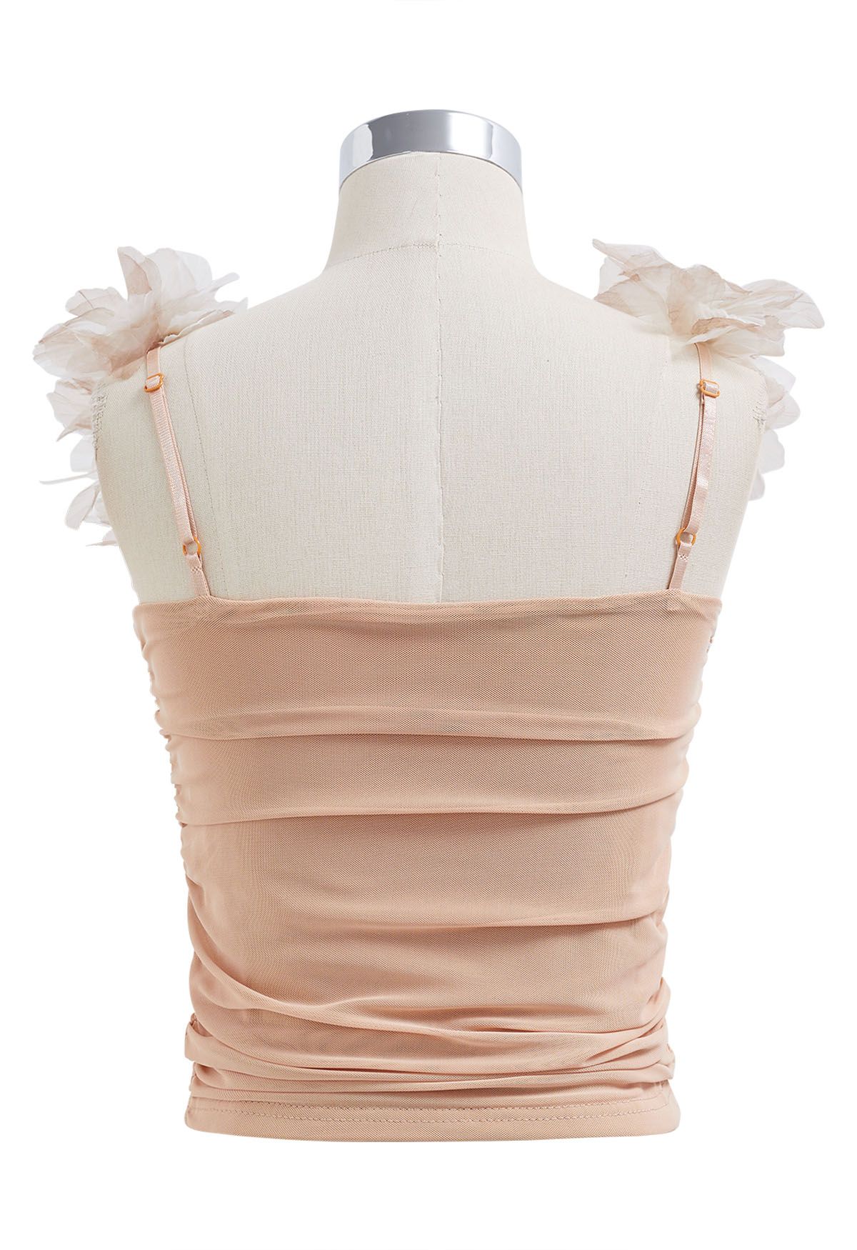 3D Petal Ruched Soft Mesh Cami Top in Light Tan