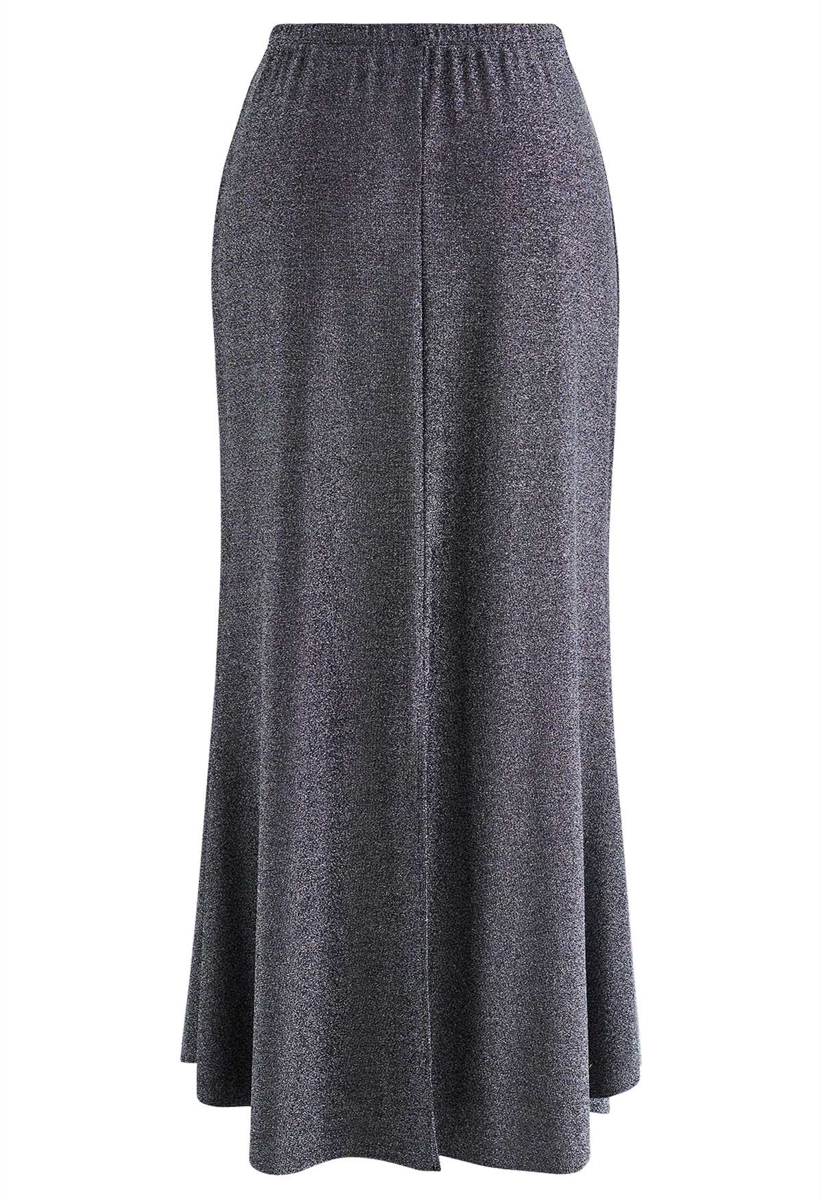 Shimmery Raw-Cut Frilling Maxi Skirt in Silver