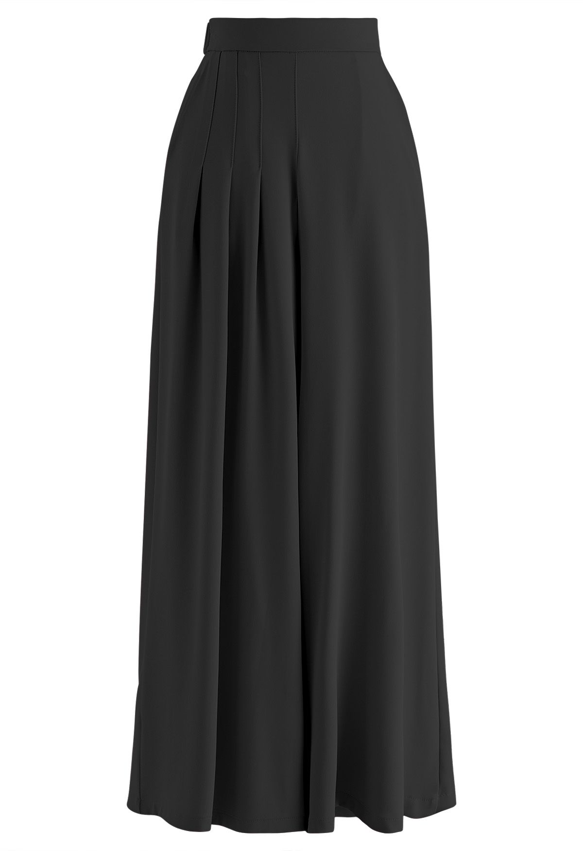 Asymmetric Pleated Chiffon Pull-On Wide-Leg Pants in Black