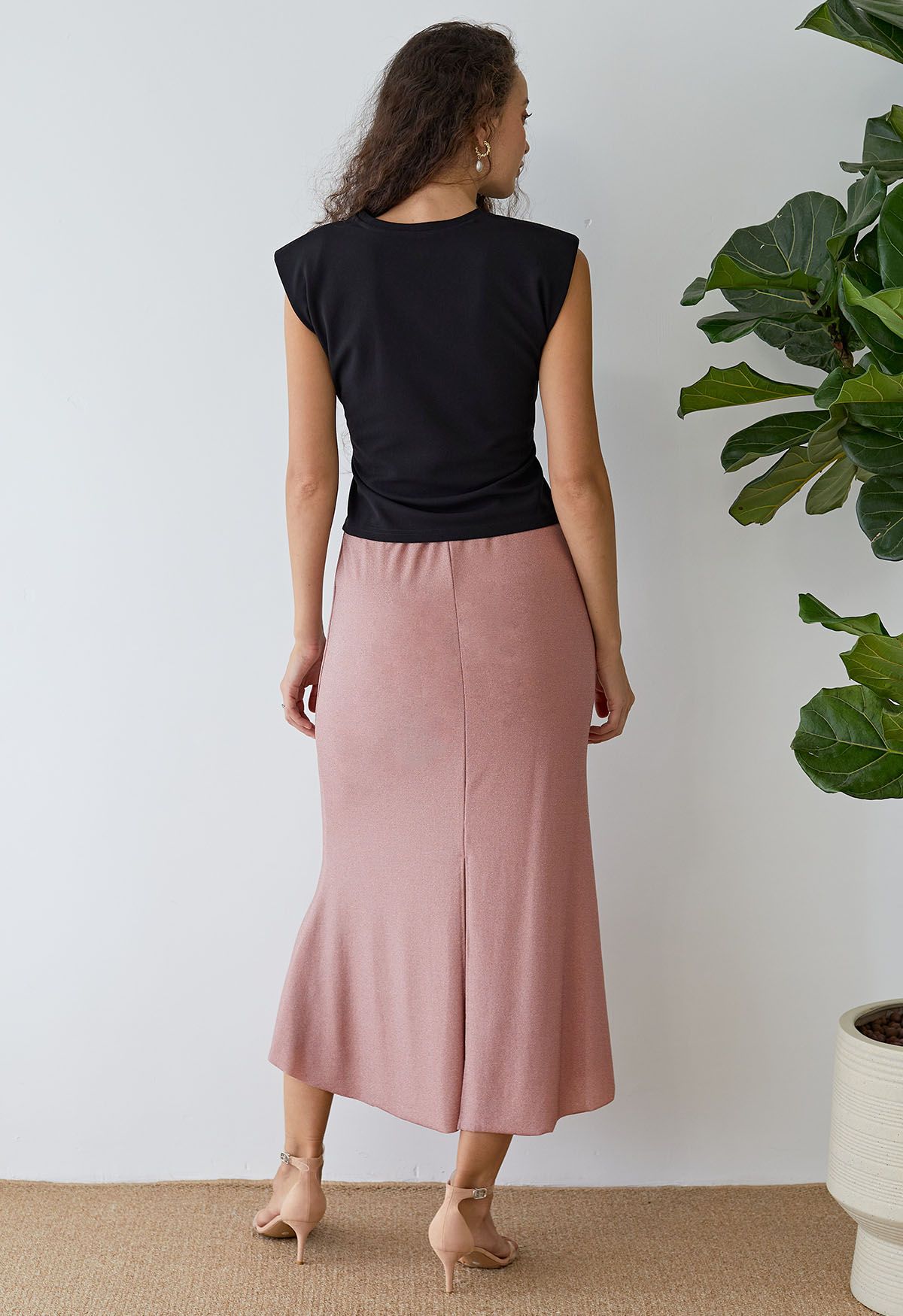 Shimmery Raw-Cut Frilling Maxi Skirt in Blush