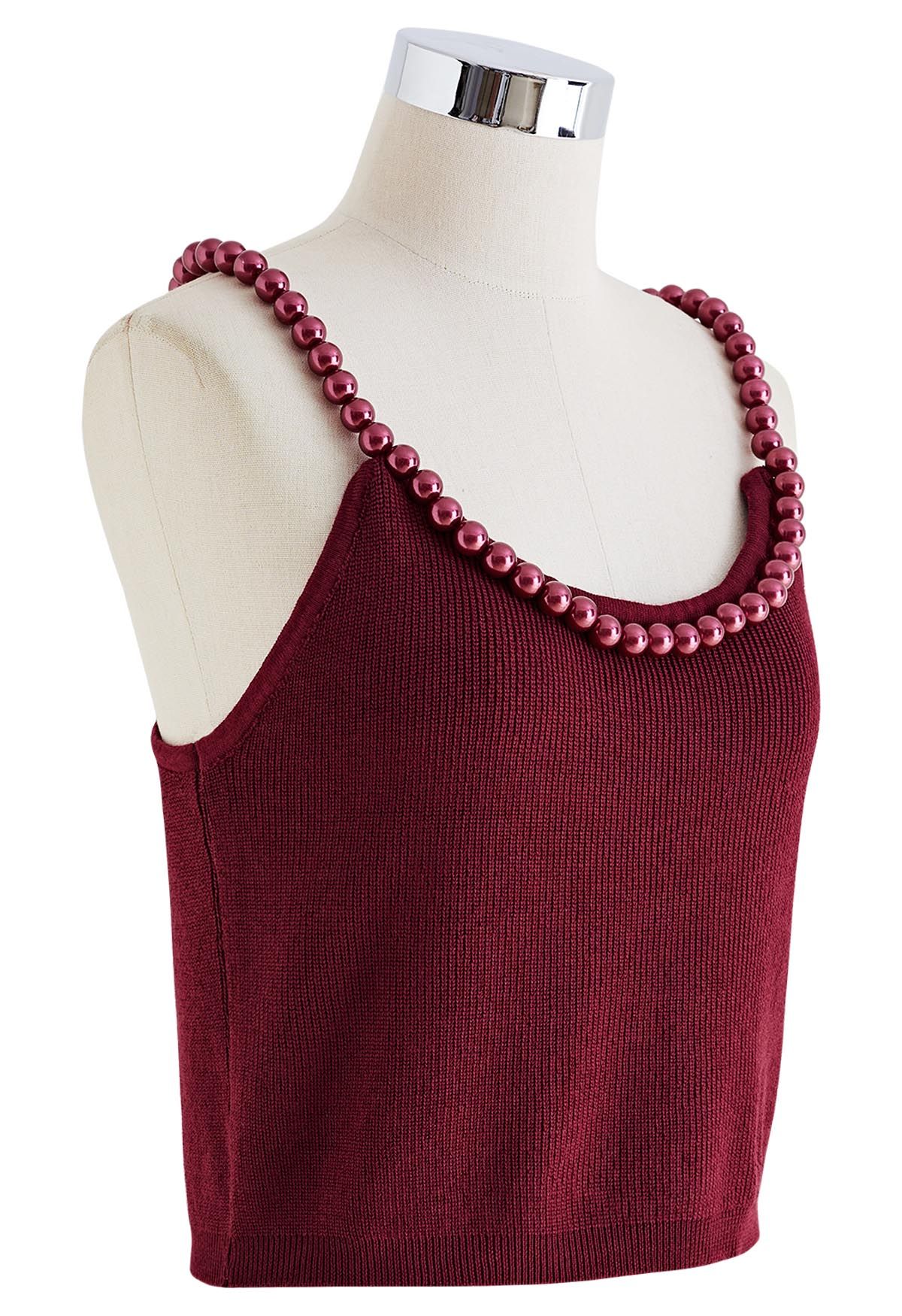 Beaded Strap Knit Crop Top in Red