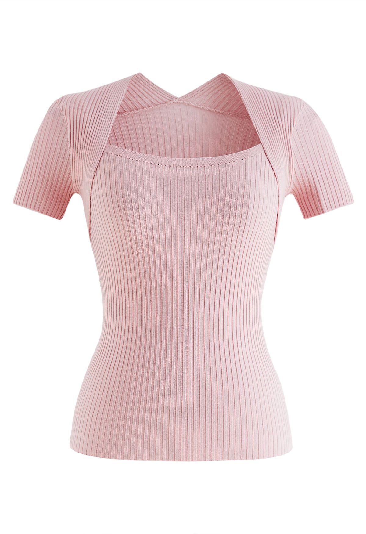 Square Neckline Ribbed Knit Top in Pink - Retro, Indie and Unique Fashion