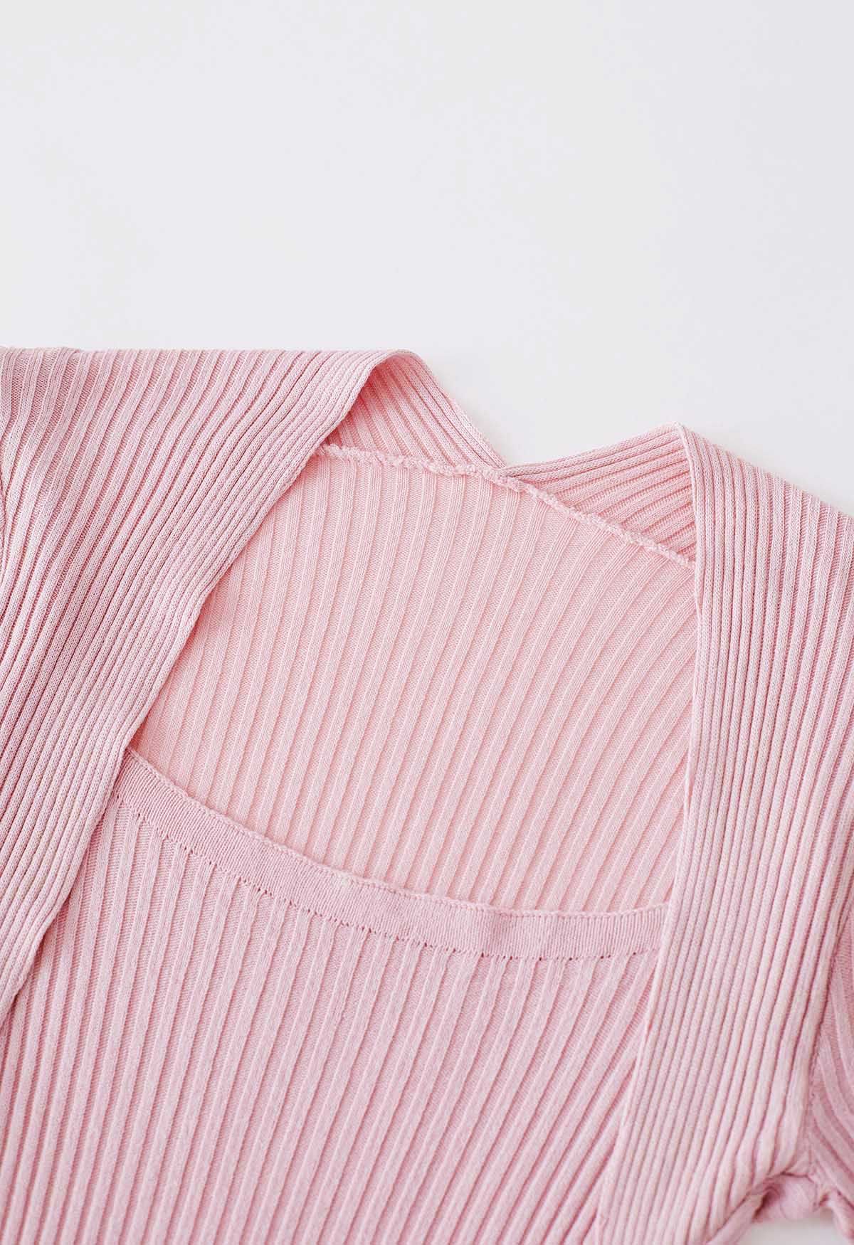 Square Neckline Ribbed Knit Top in Pink