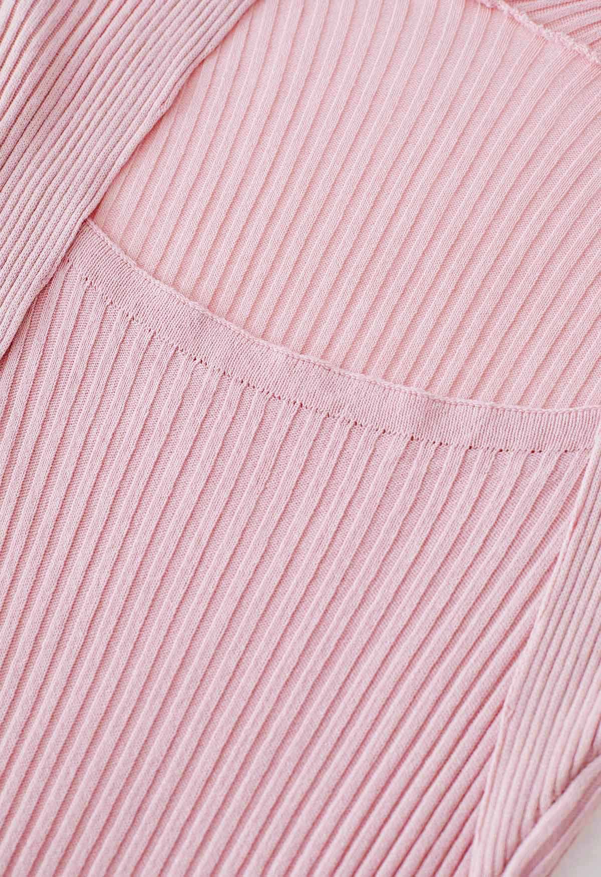 Square Neckline Ribbed Knit Top in Pink