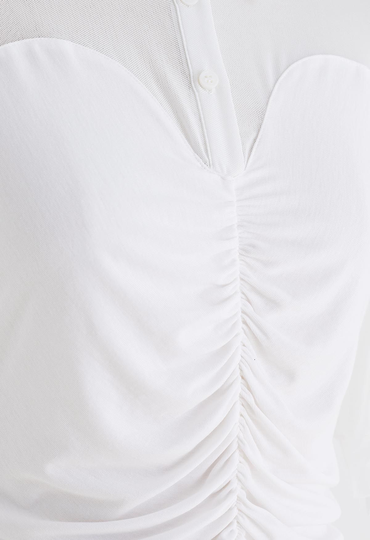 Pointed Collar Soft Mesh Spliced Ruched Top in White