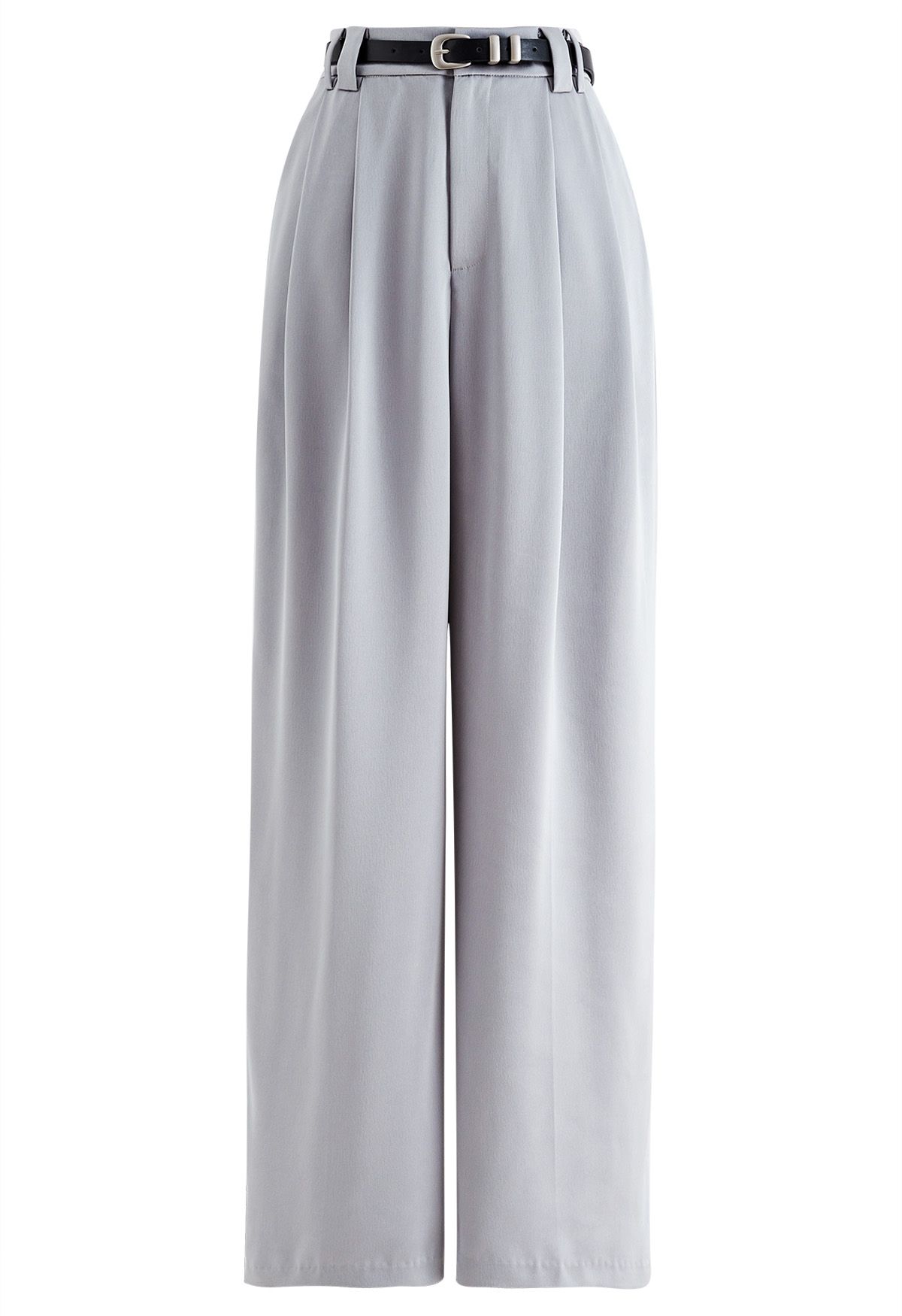 Satin Straight-Leg Pants with Faux Leather Belt in Grey