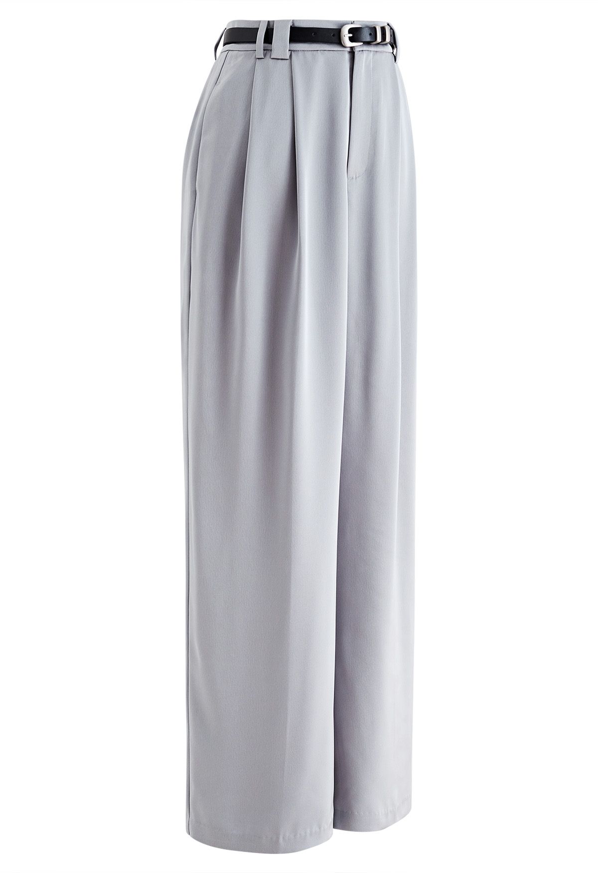 Satin Straight-Leg Pants with Faux Leather Belt in Grey