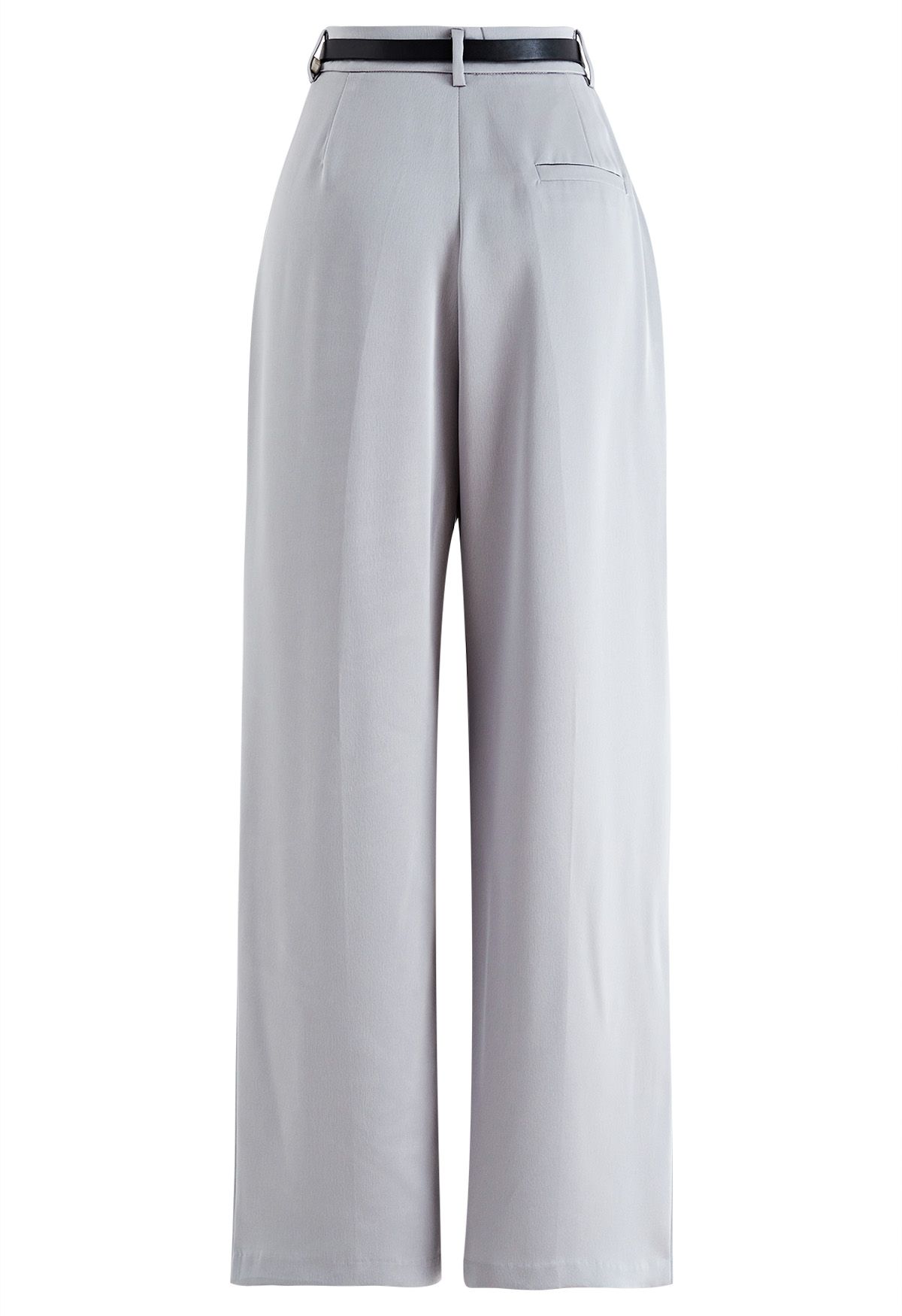 Satin Straight-Leg Pants with Faux Leather Belt in Grey