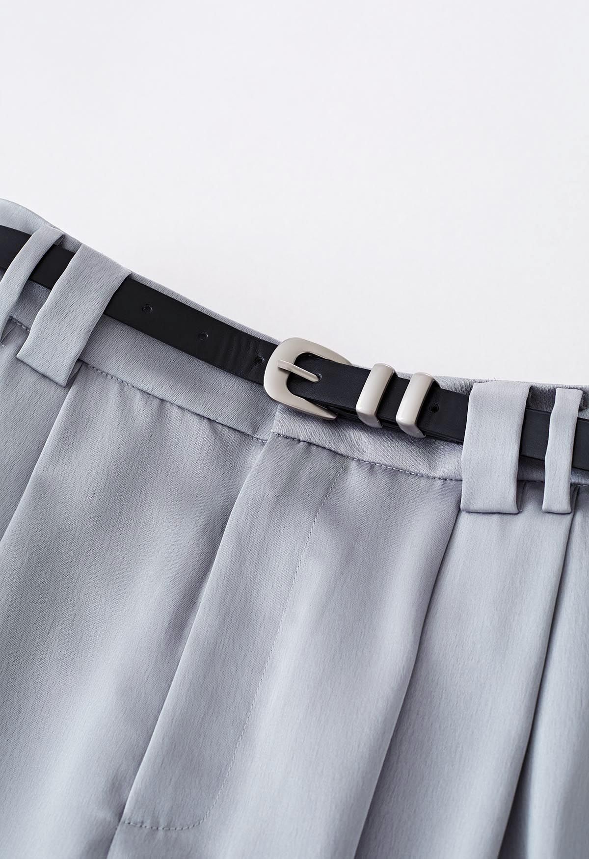 Satin Straight-Leg Pants with Faux Leather Belt in Grey