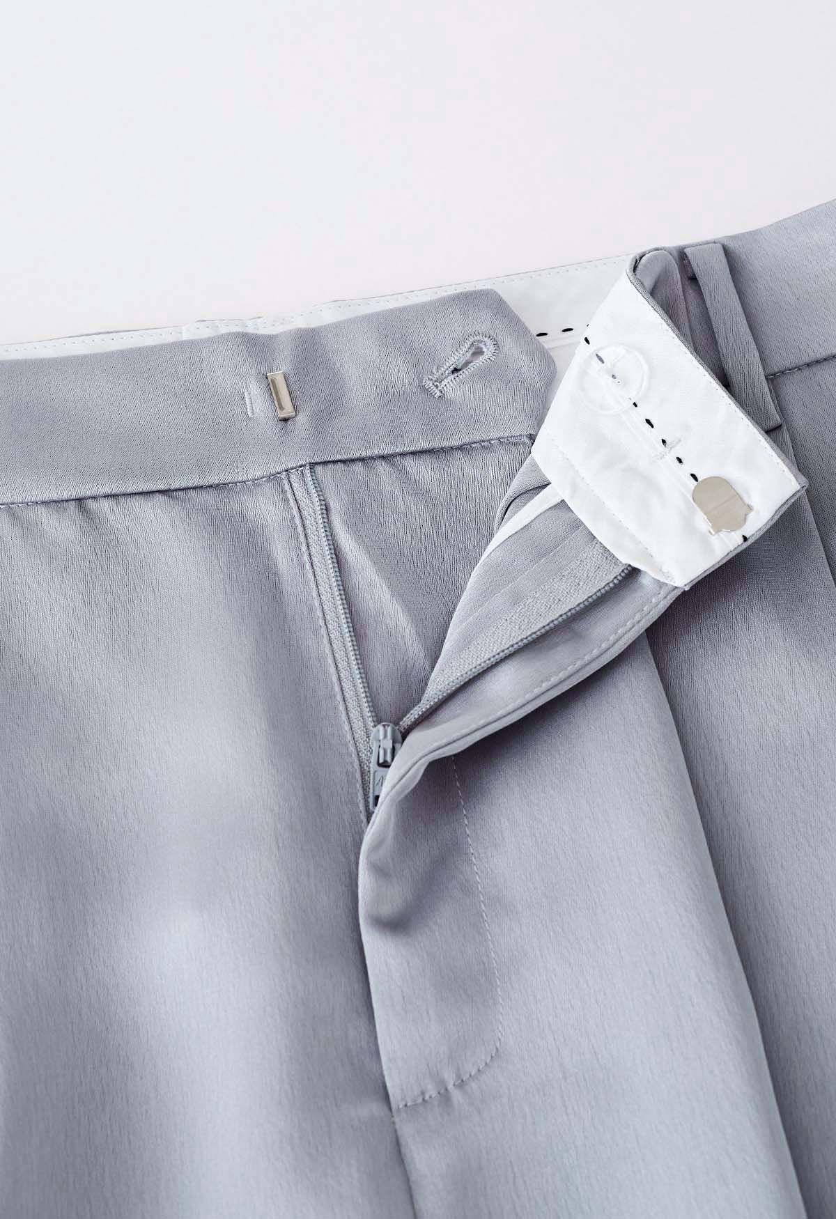 Satin Straight-Leg Pants with Faux Leather Belt in Grey