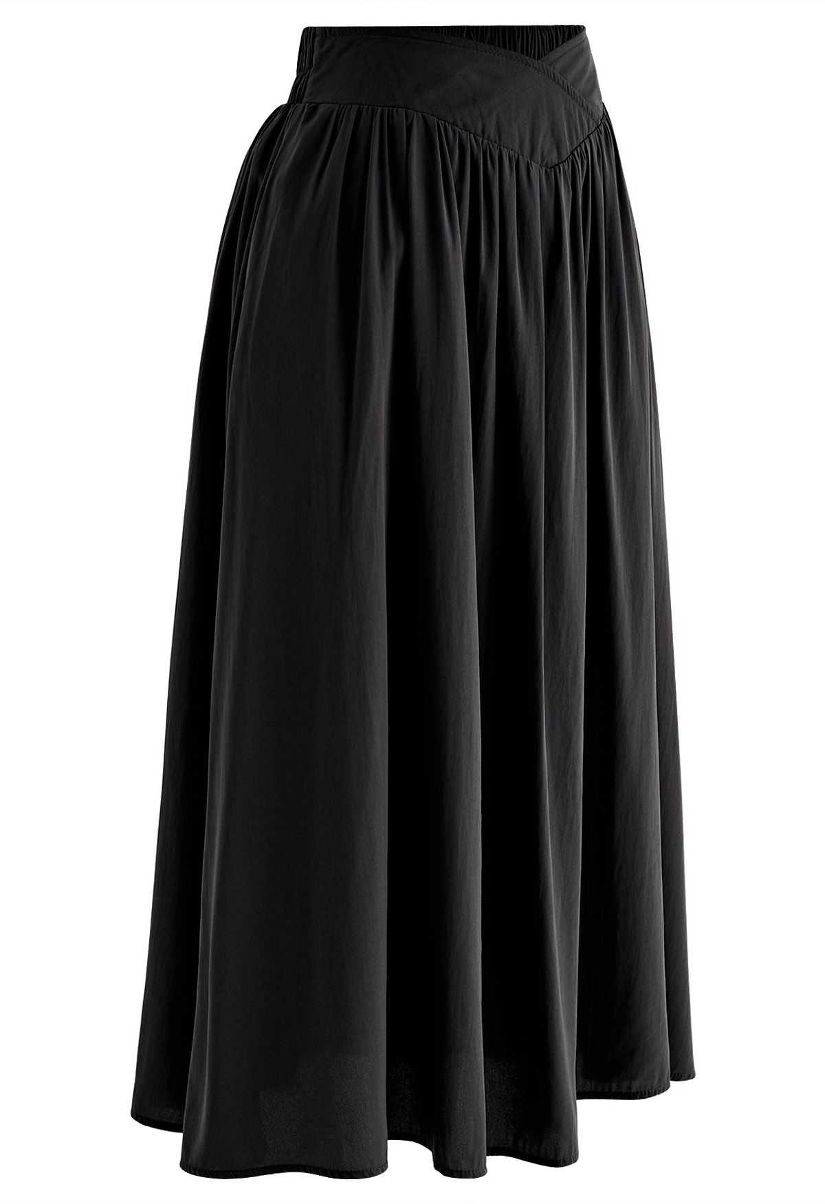 Cross Waist Side Pockets Midi Skirt in Black