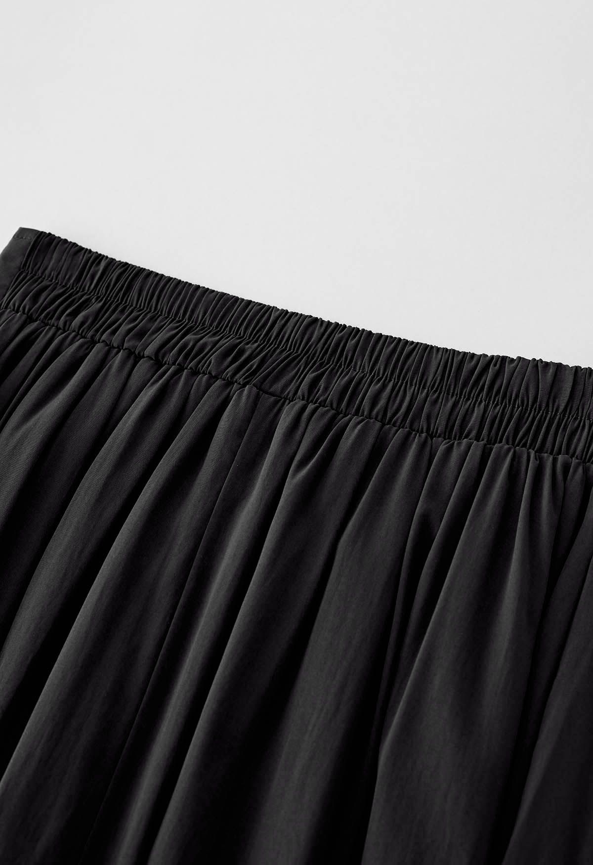 Cross Waist Side Pockets Midi Skirt in Black