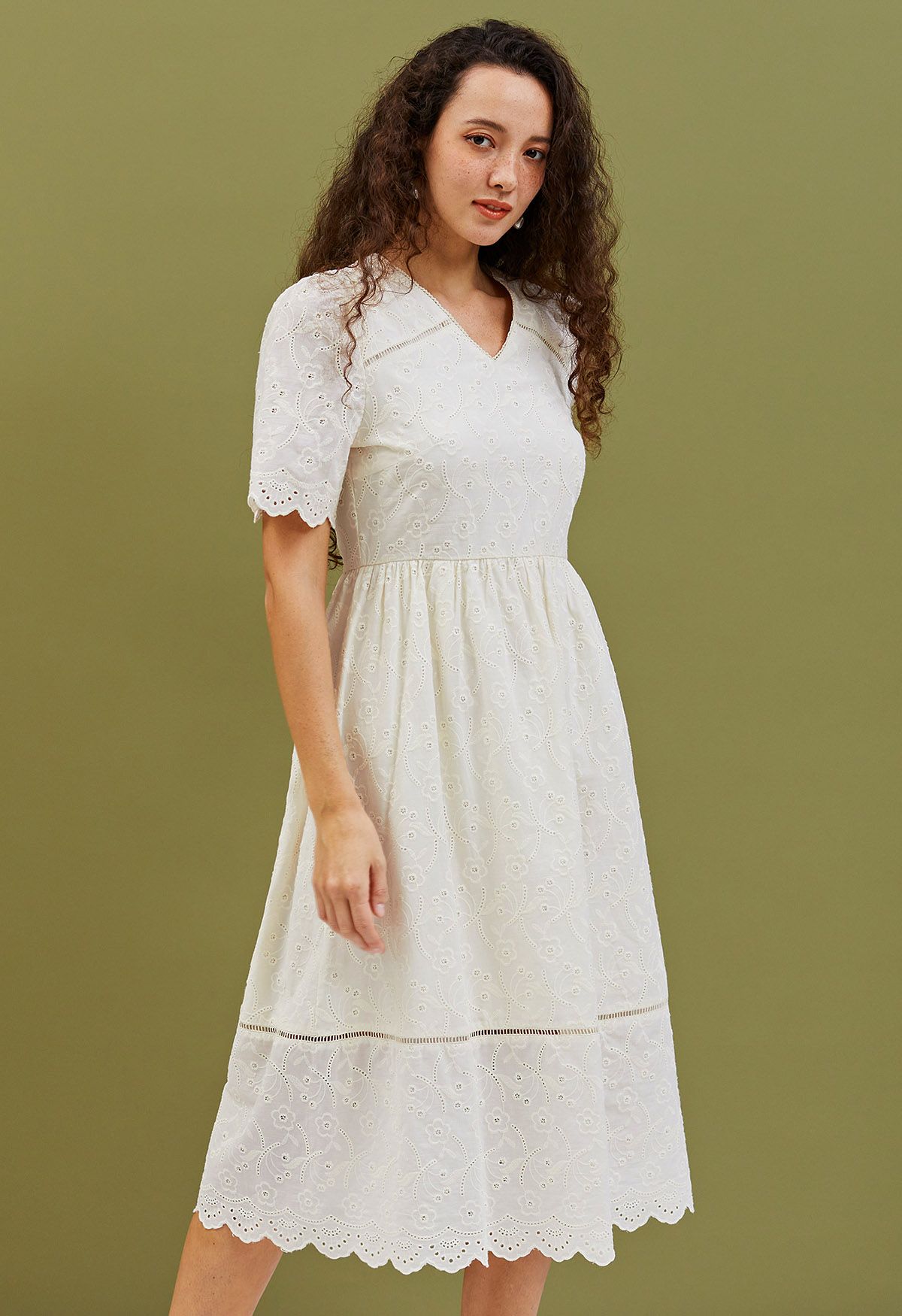 Elegant Women White Lace Dress Puff Sleeve Embroidery Pencil Dress
