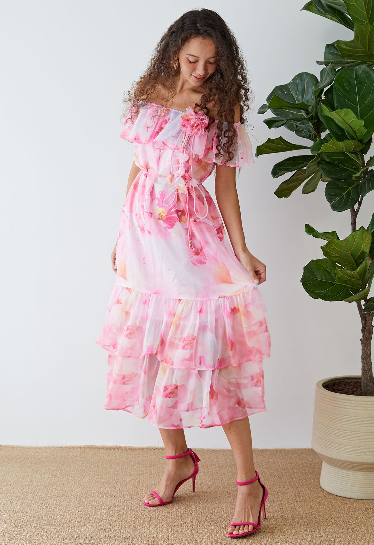 Floral Print Off-Shoulder Tiered Chiffon Dress in Pink