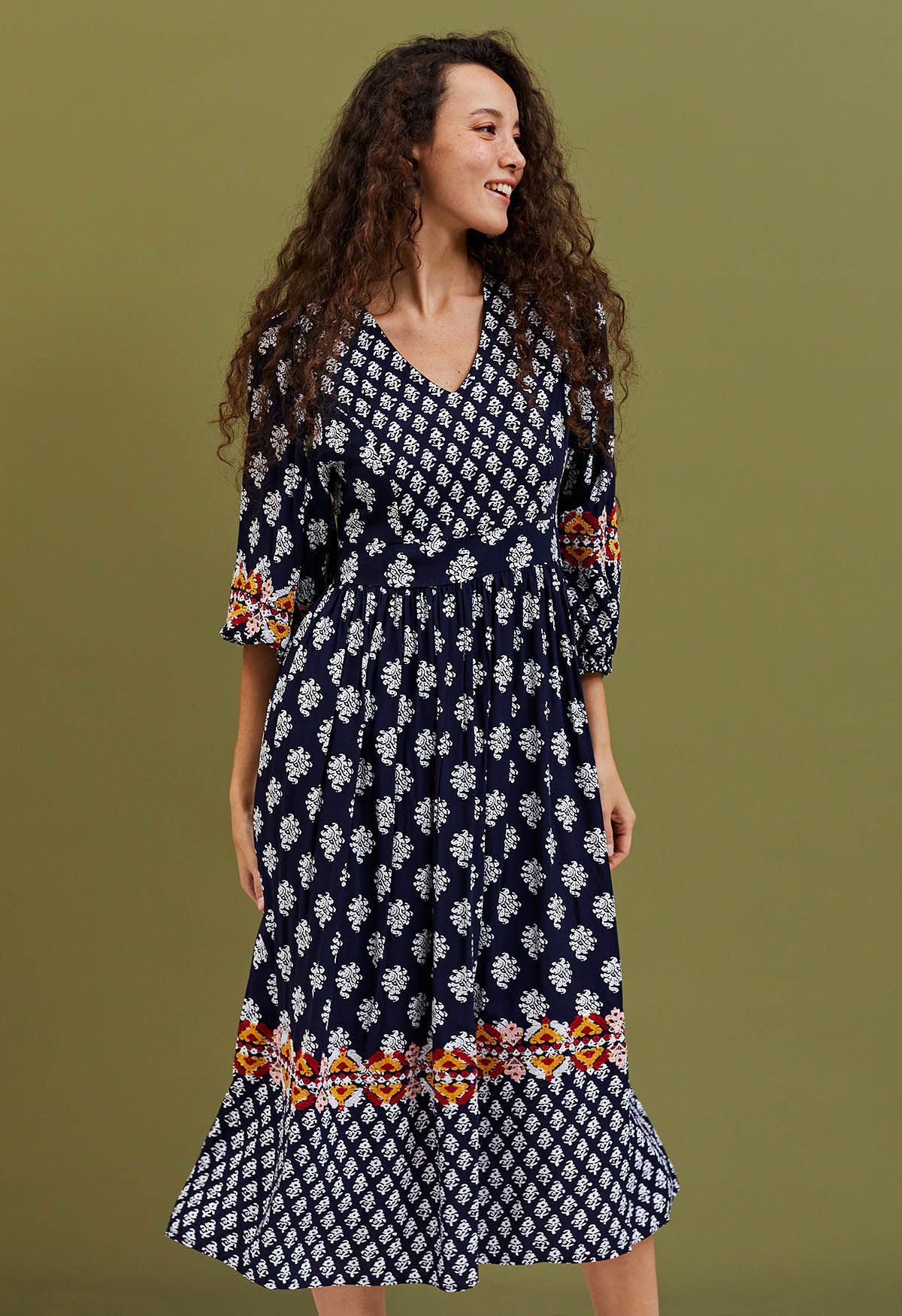 Bohemian Printed Elbow Sleeves Midi Dress - Retro, Indie and Unique Fashion