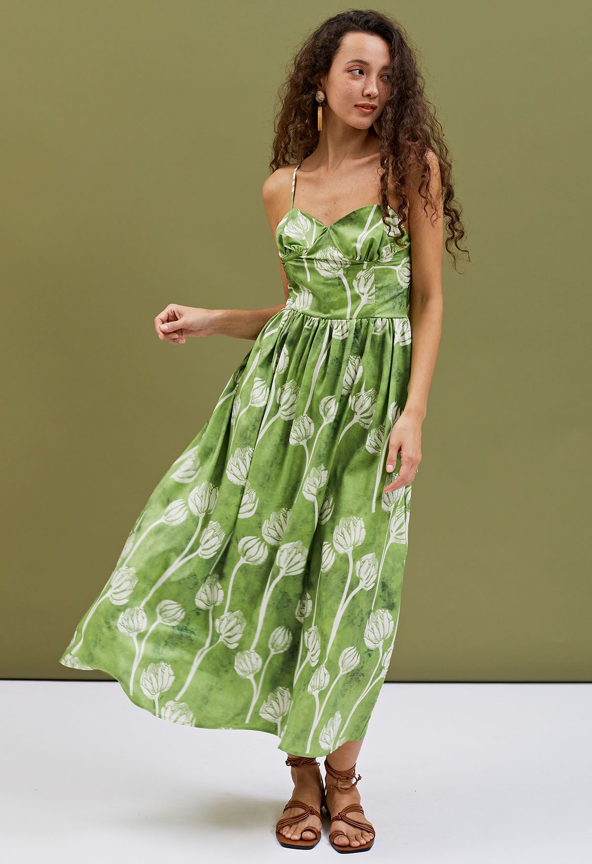 Green Twin Flower Buds Printed Cami Dress - Retro, Indie and Unique Fashion