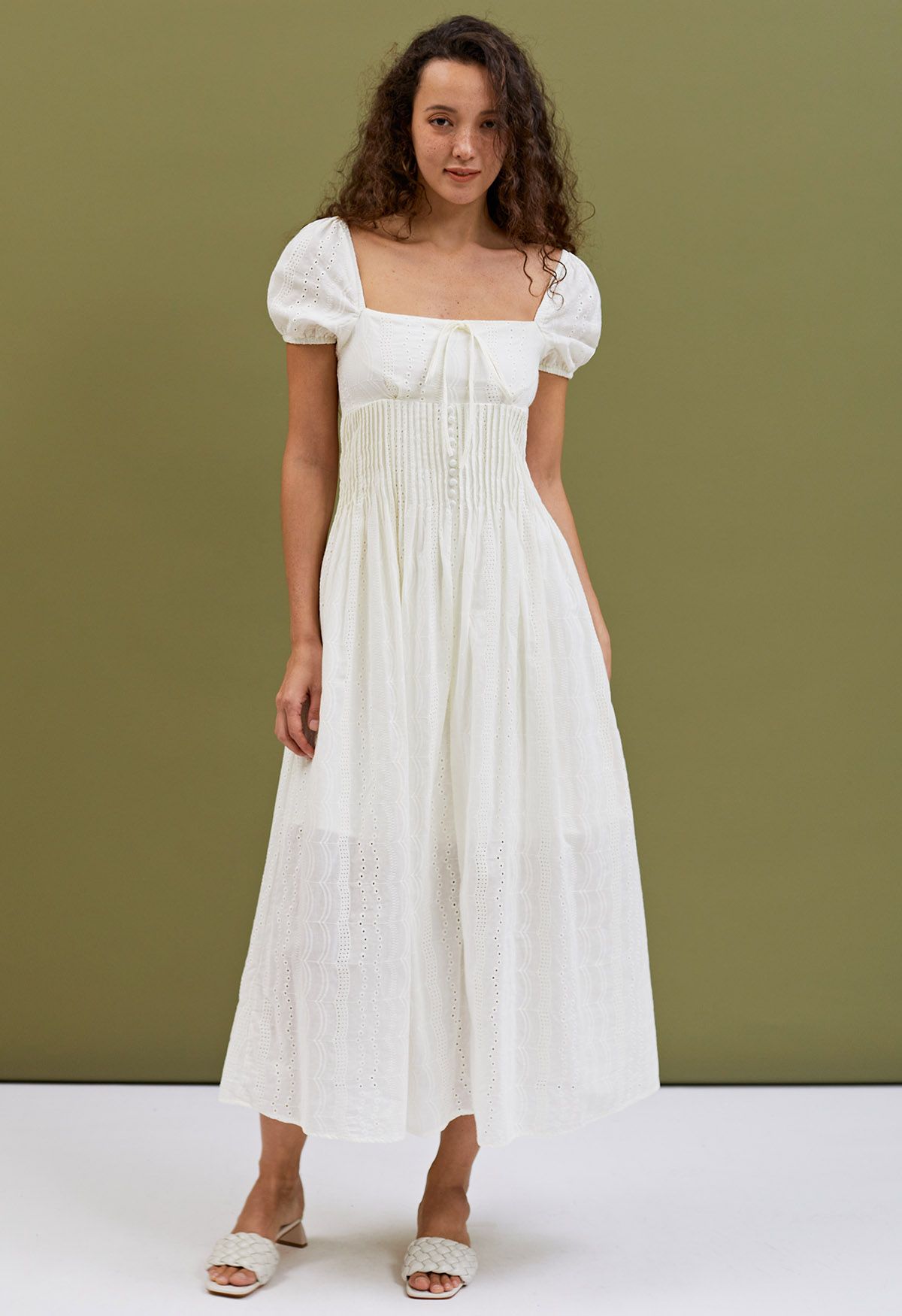 Pintuck Detail Square Neck Eyelet Maxi Dress