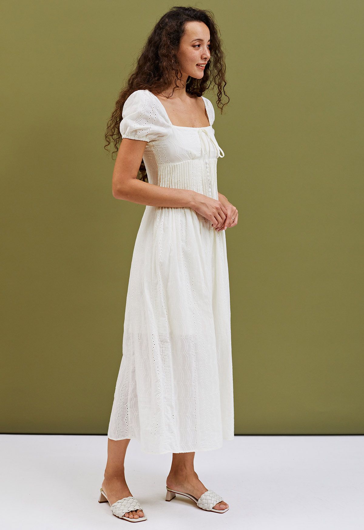 Pintuck Detail Square Neck Eyelet Maxi Dress