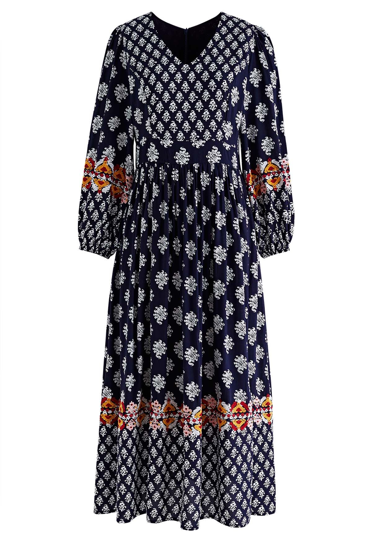 Bohemian Printed Elbow Sleeves Midi Dress - Retro, Indie and Unique Fashion