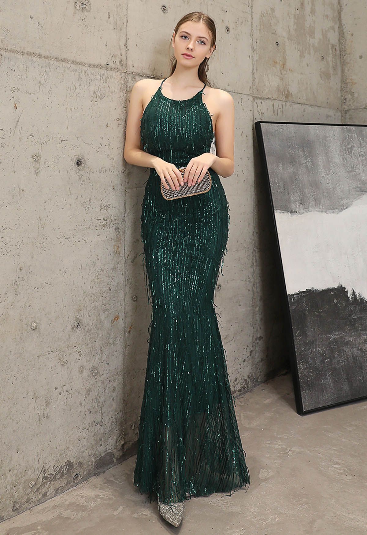 Sequin Tassel Mermaid Gown in Dark Green