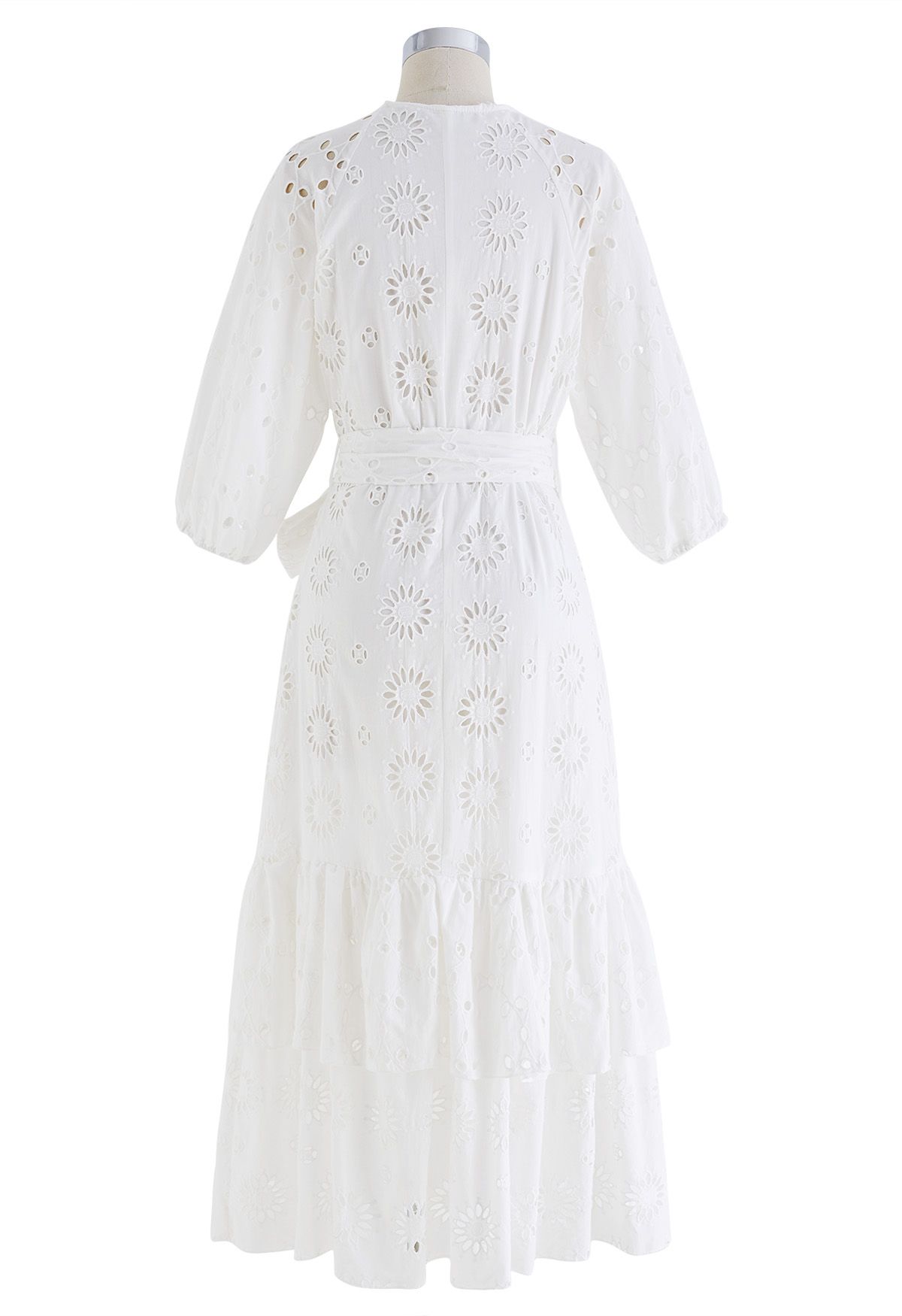 Cutout Eyelet Embroidered Sunflower Tiered Dress