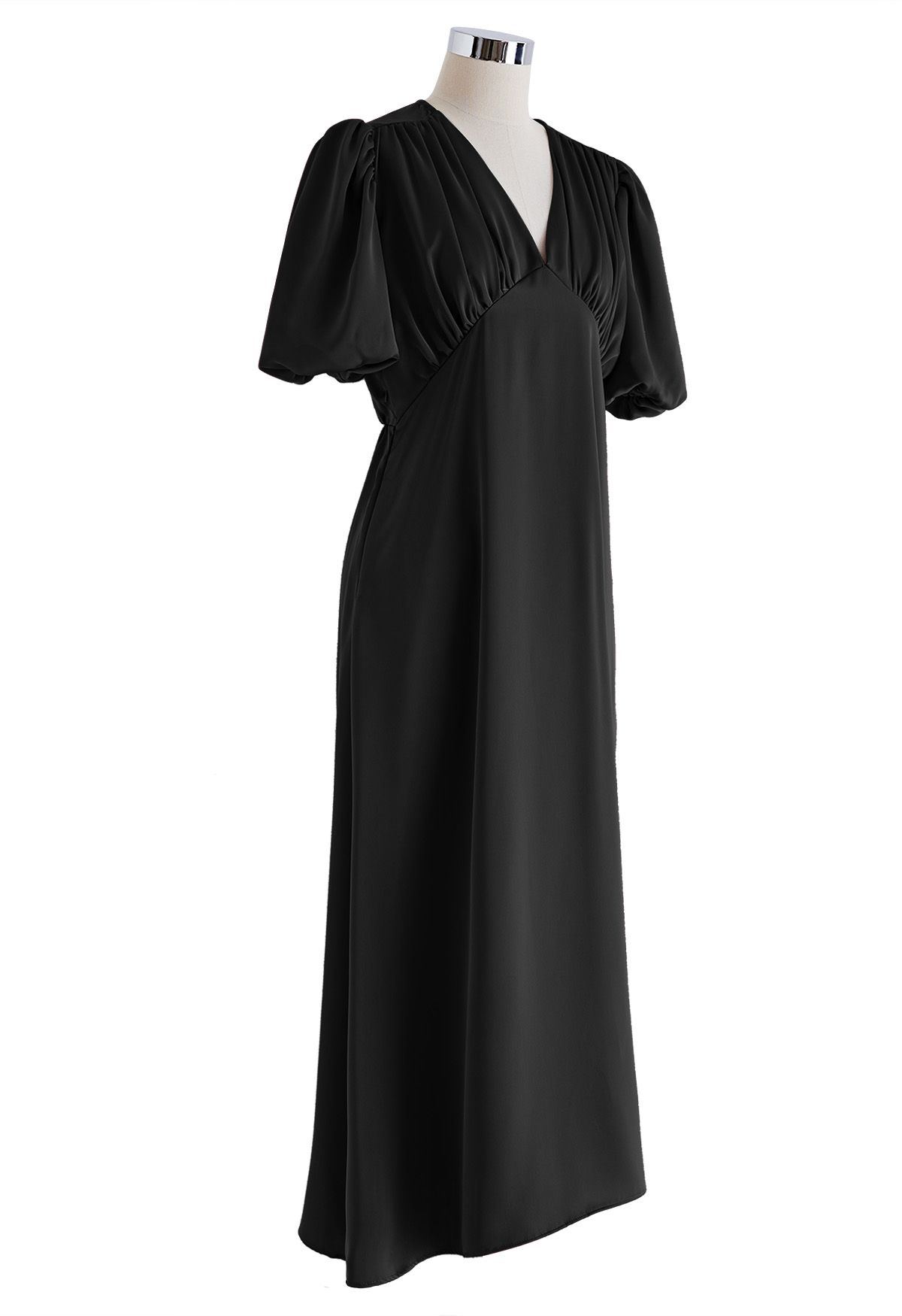 V-Neck Bubble Sleeves Satin Midi Dress in Black