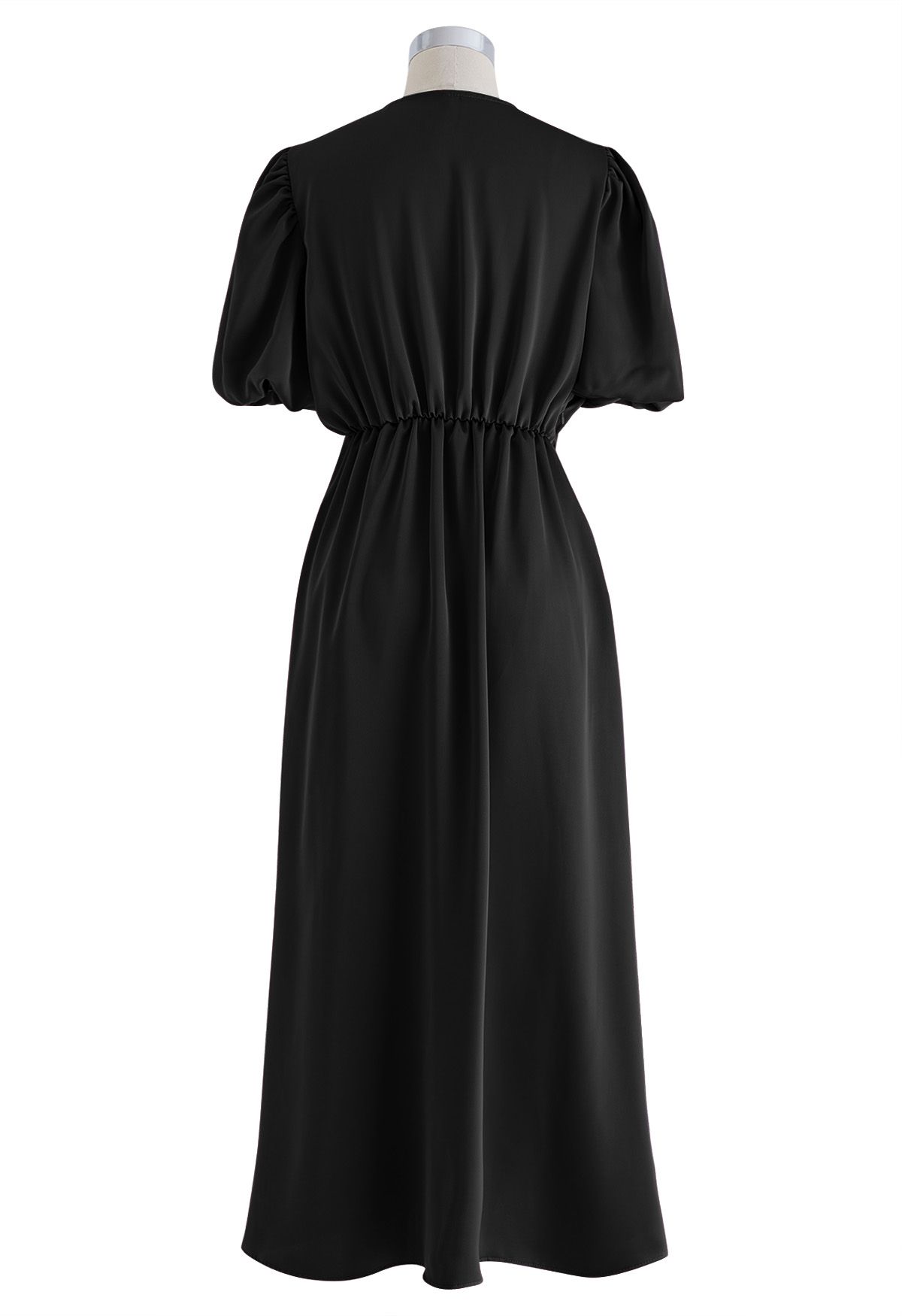 V-Neck Bubble Sleeves Satin Midi Dress in Black