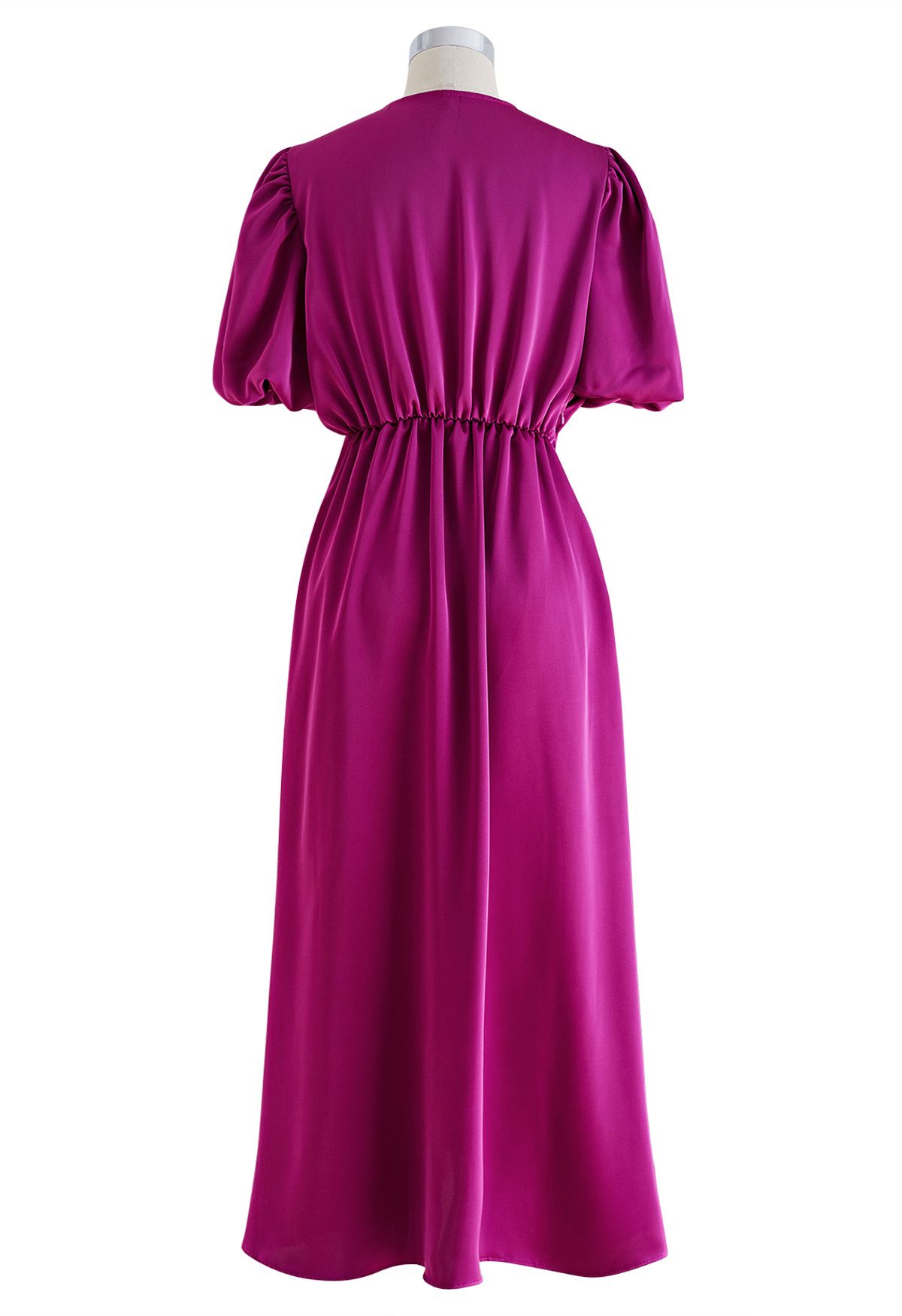 V-Neck Bubble Sleeves Satin Midi Dress in Magenta