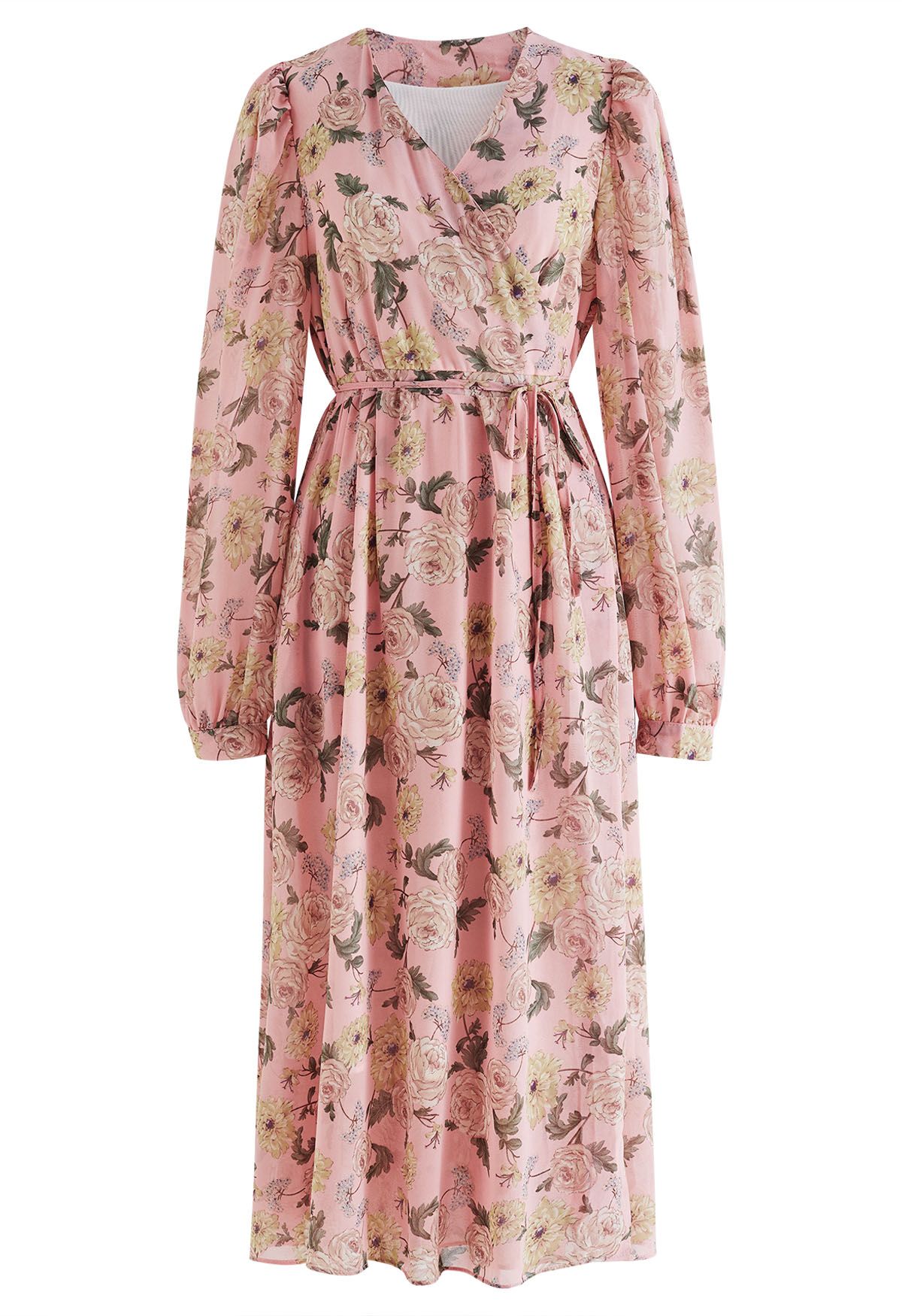 Floral Printed Wrap Chiffon Dress in Pink