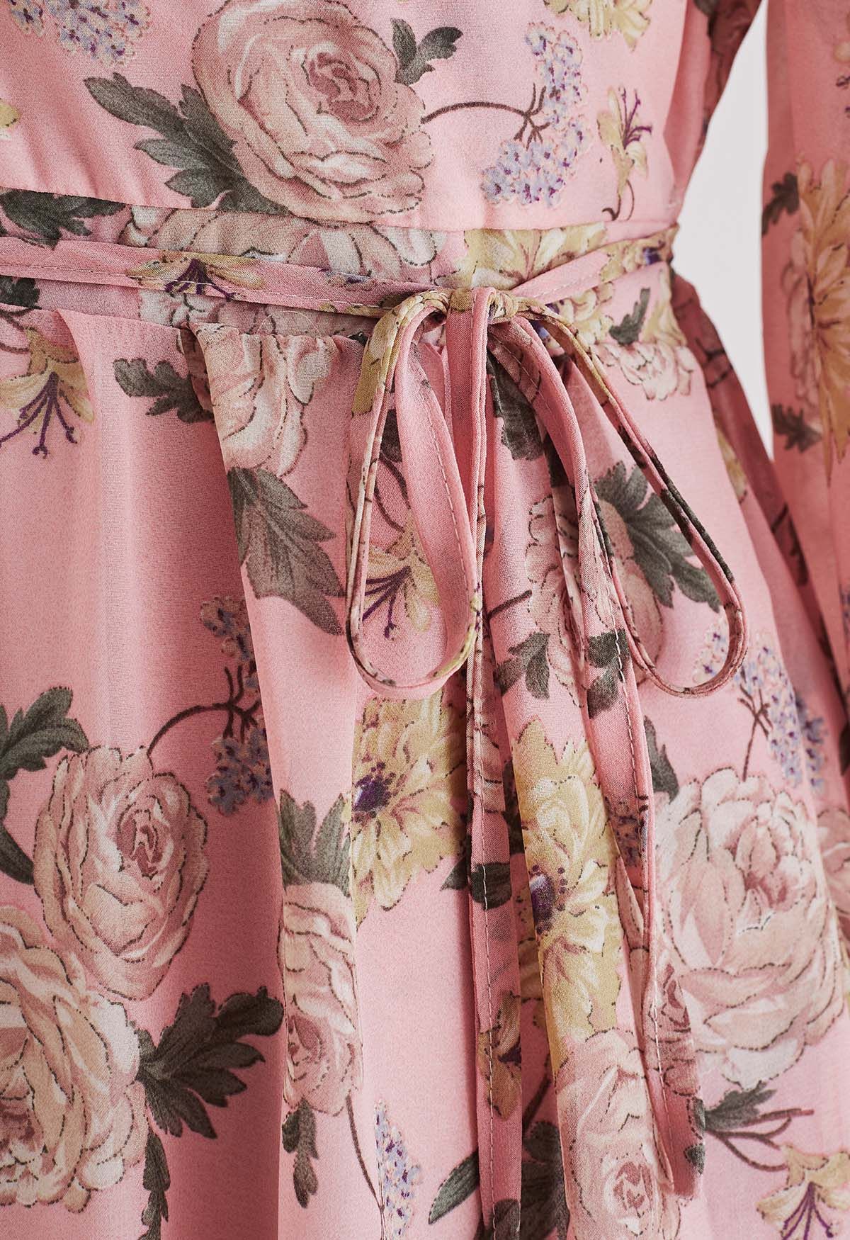 Floral Printed Wrap Chiffon Dress in Pink