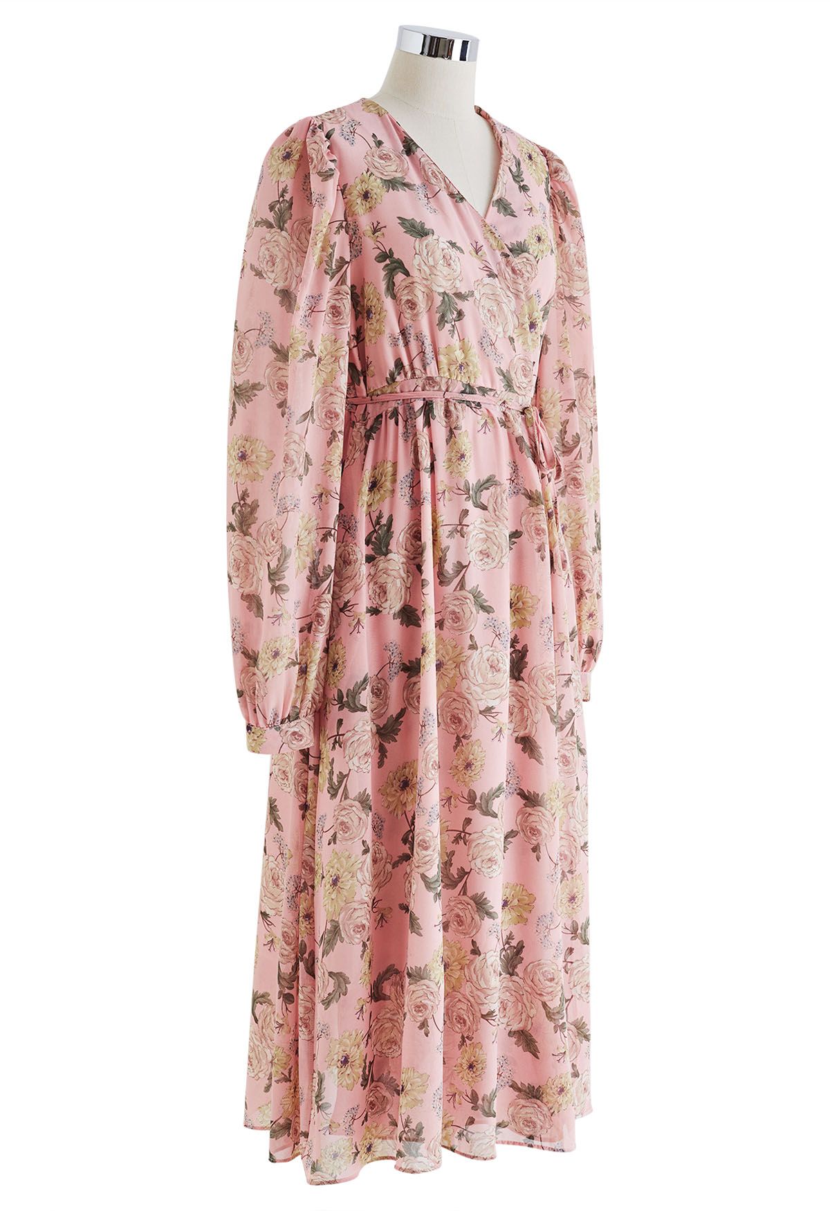 Floral Printed Wrap Chiffon Dress in Pink