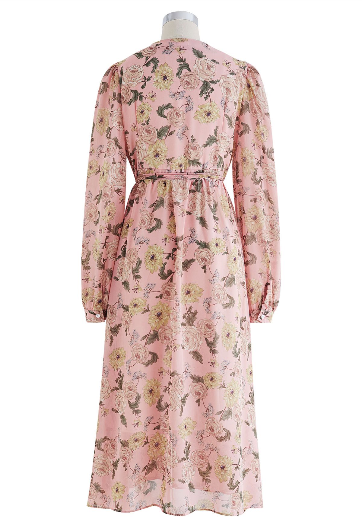 Floral Printed Wrap Chiffon Dress in Pink