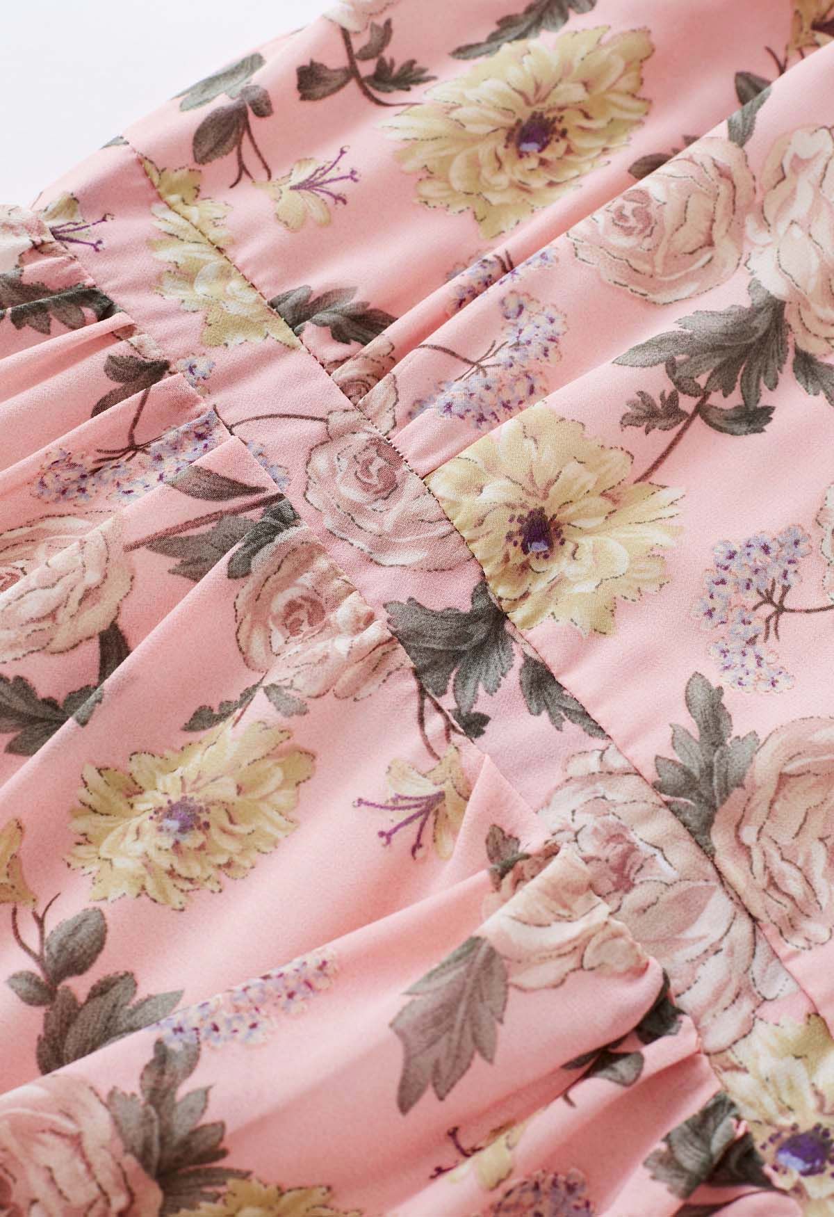 Floral Printed Wrap Chiffon Dress in Pink