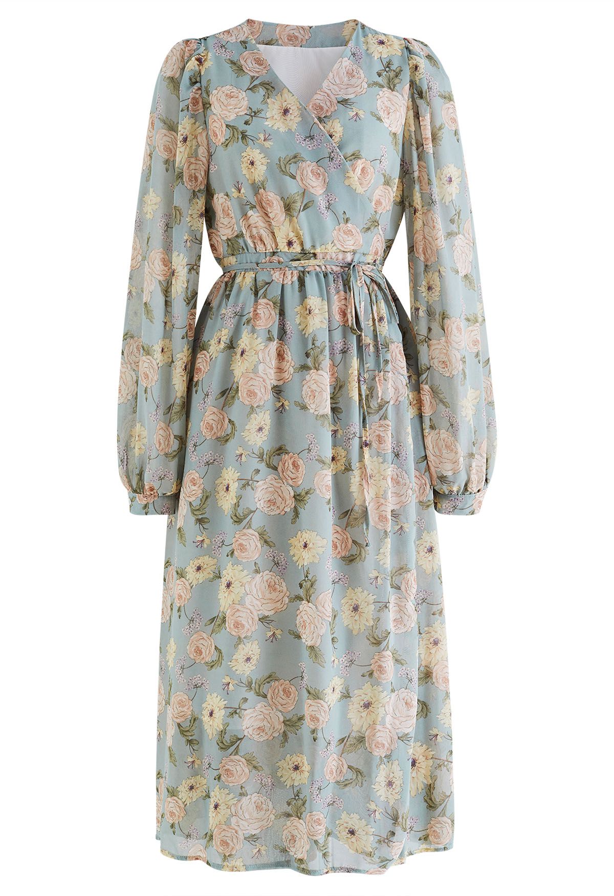 Floral Printed Wrap Chiffon Dress in Sage