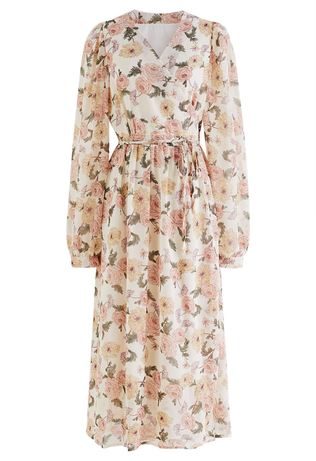 Floral Printed Wrap Chiffon Dress in Cream