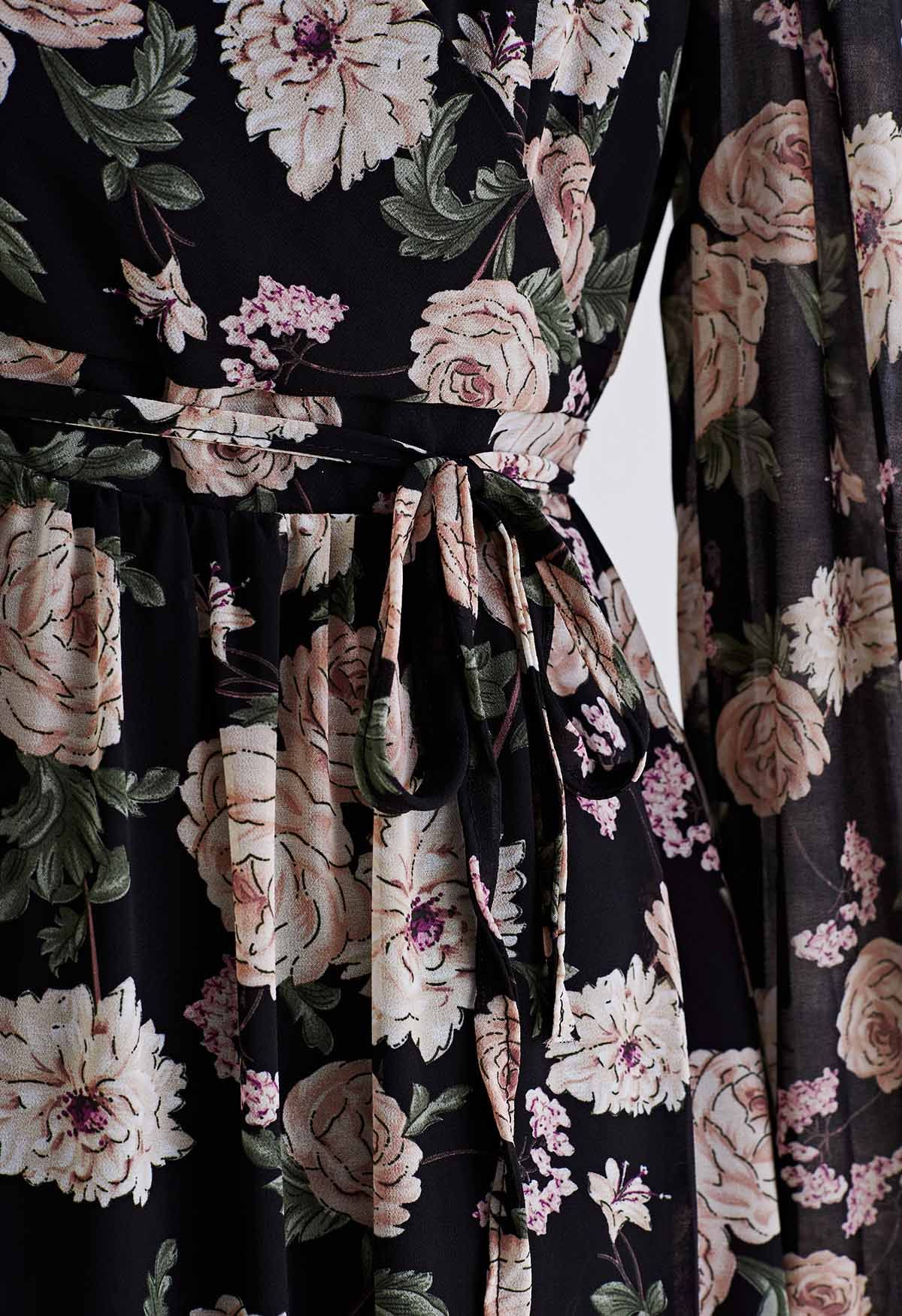 Floral Printed Wrap Chiffon Dress in Black