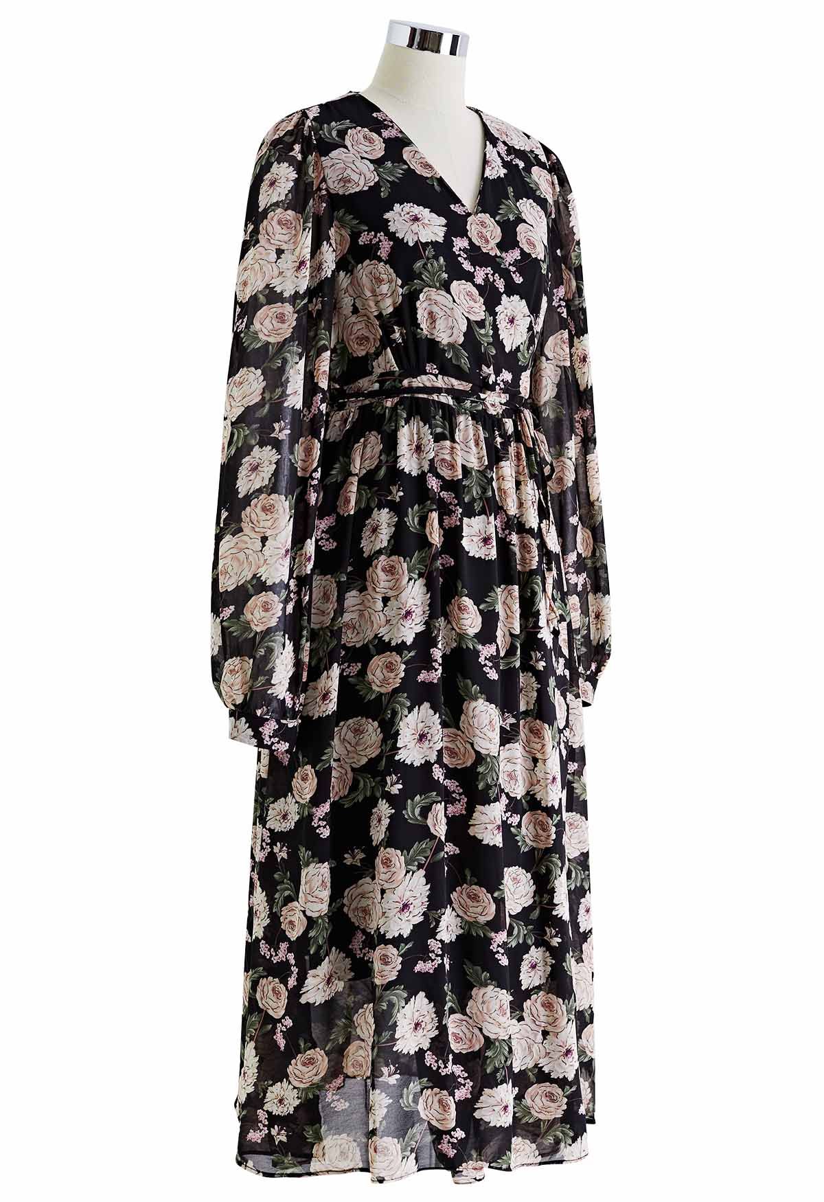 Floral Printed Wrap Chiffon Dress in Black