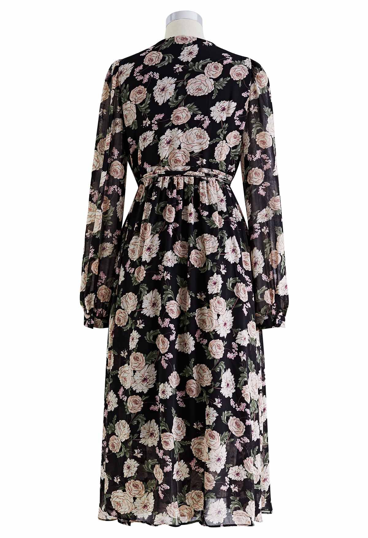 Floral Printed Wrap Chiffon Dress in Black - Retro, Indie and Unique ...