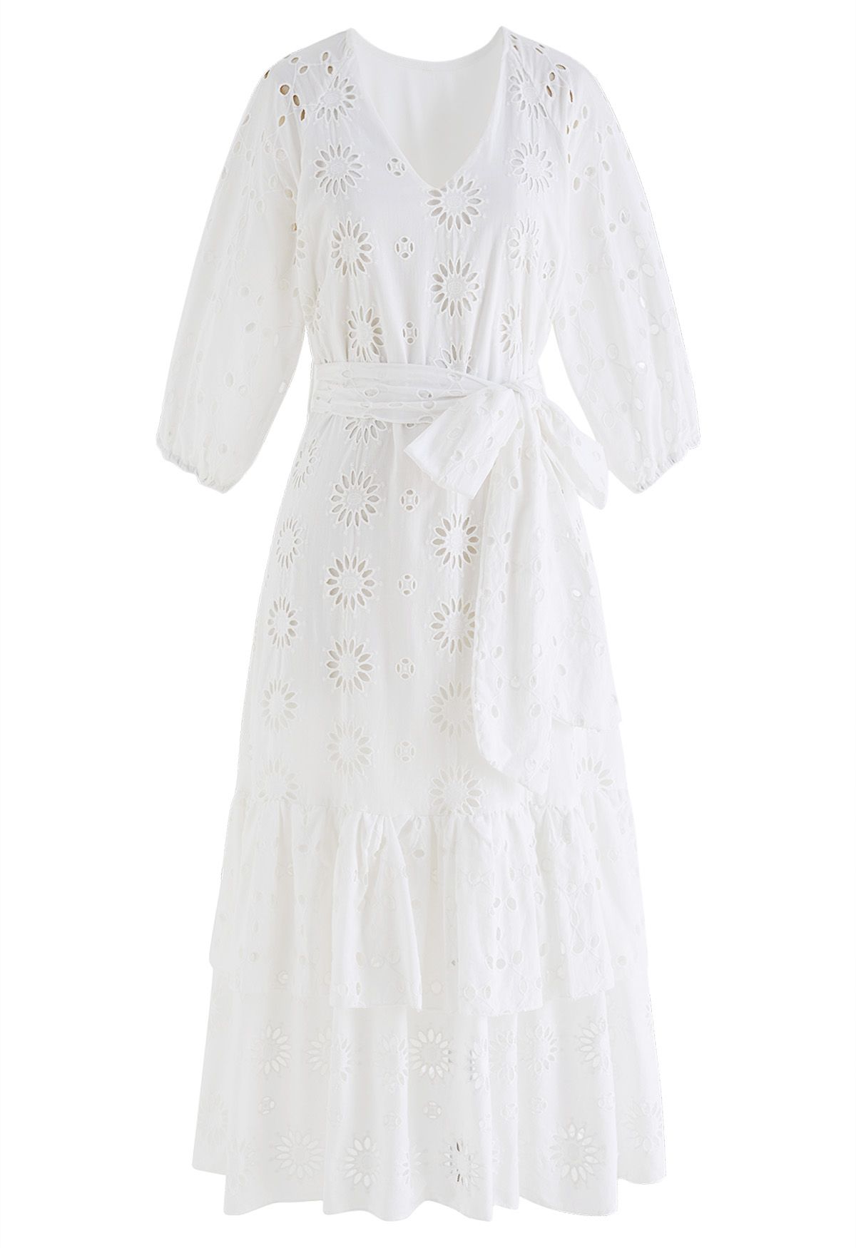 Cutout Eyelet Embroidered Sunflower Tiered Dress