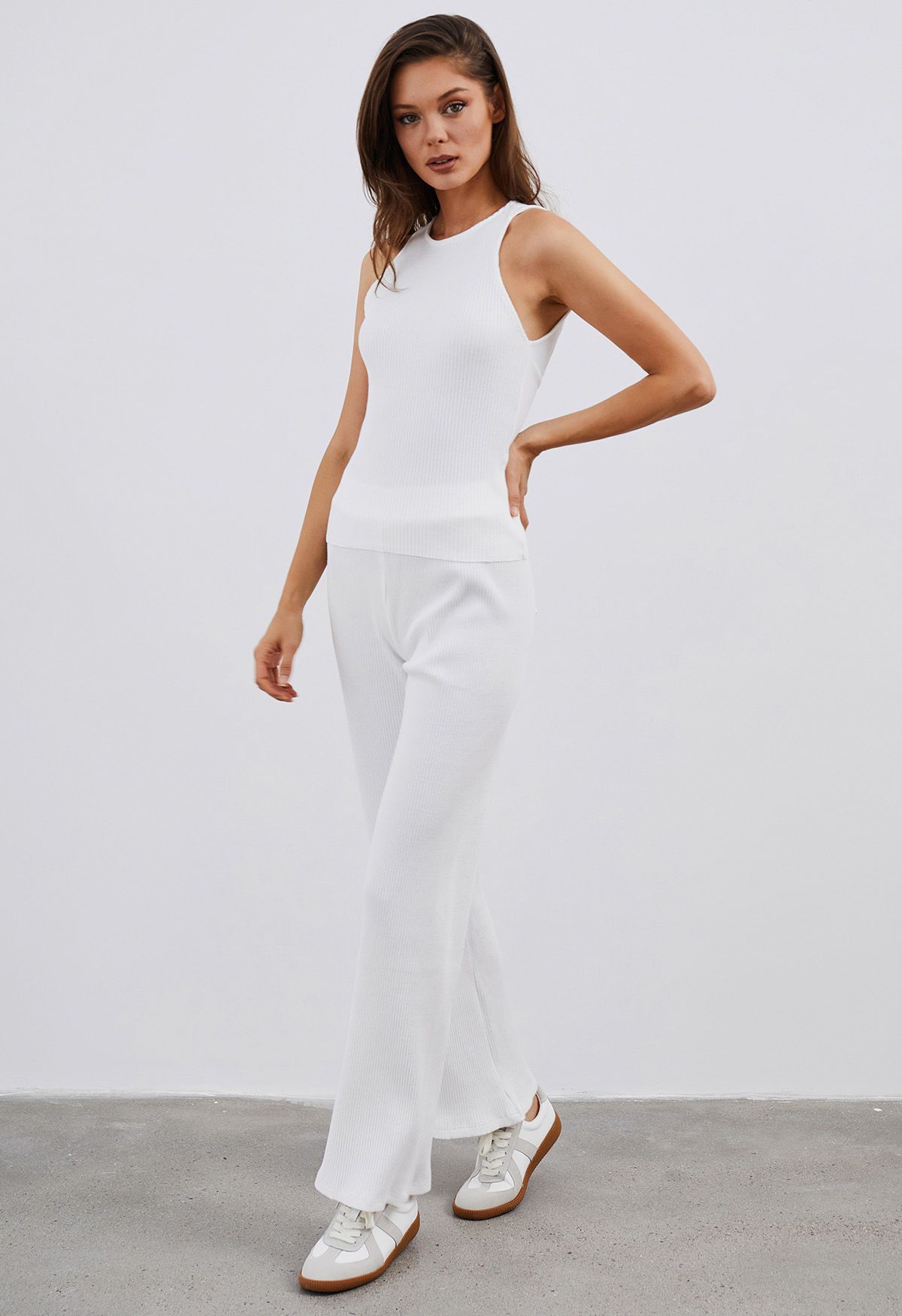 Open Back Cotton Tank Top and Flare Pants Set in White - Retro