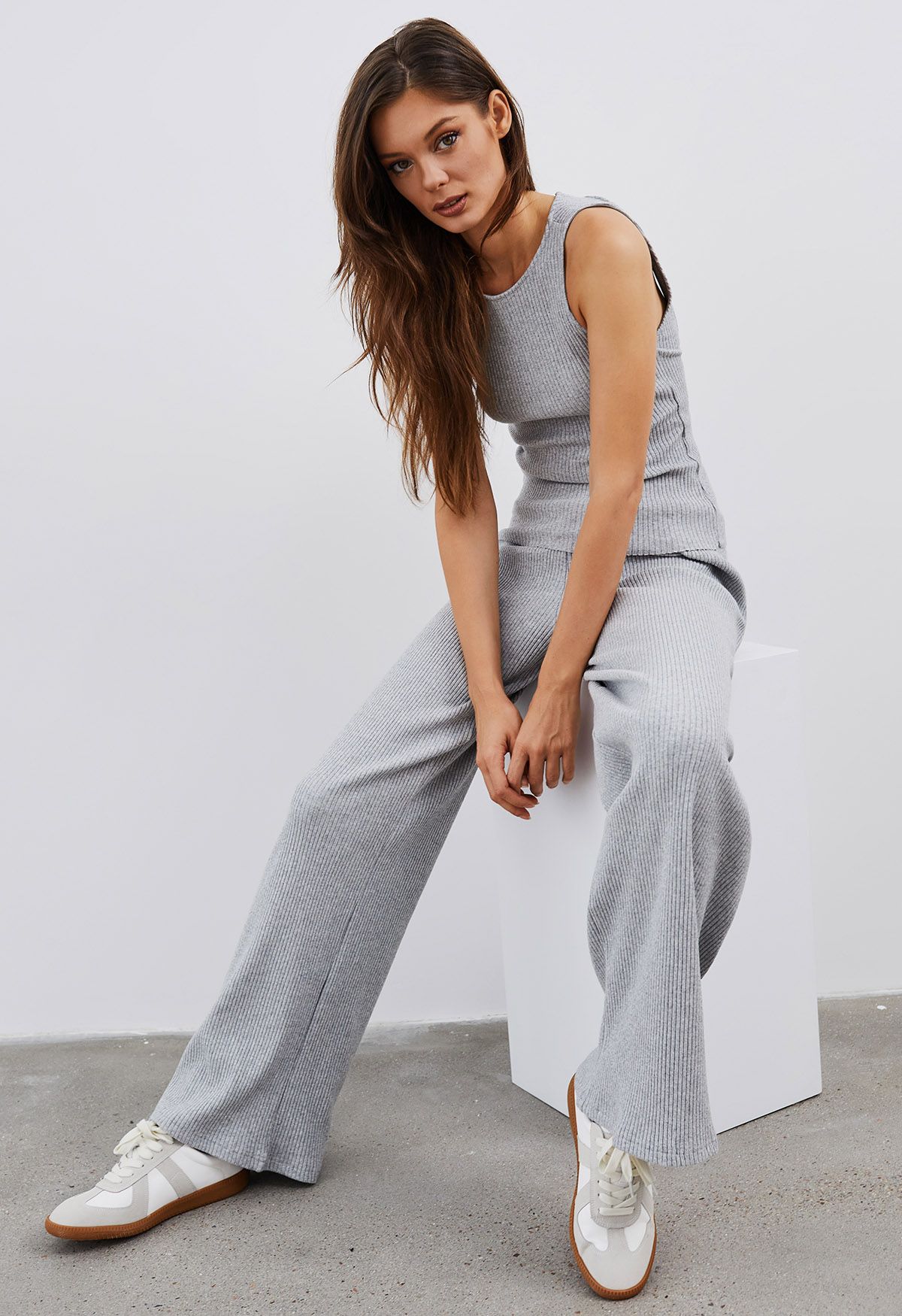 Open Back Cotton Tank Top and Flare Pants Set in Grey - Retro